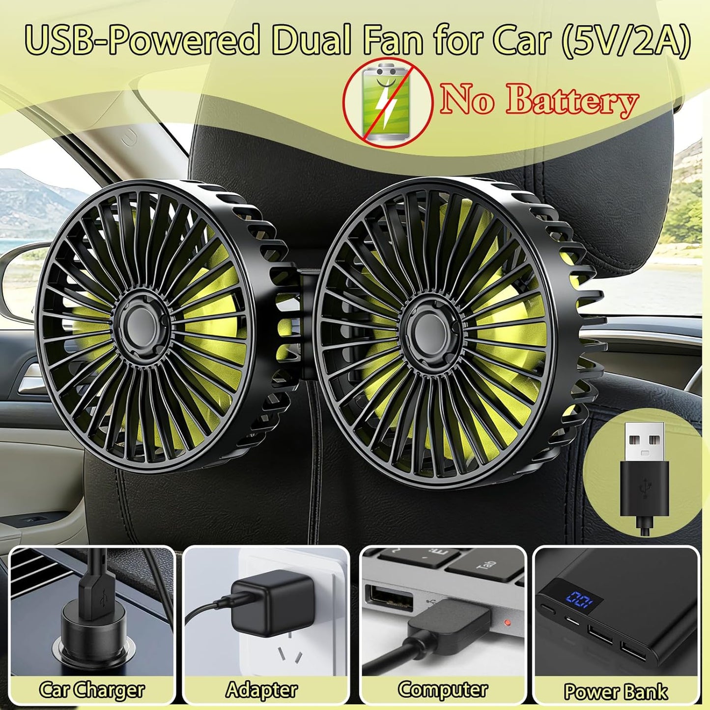 Car Backseat Fan for Backseat Kids, Dual Head Usb Car Headrest Fan for Car Backseat Kids (No Battery)