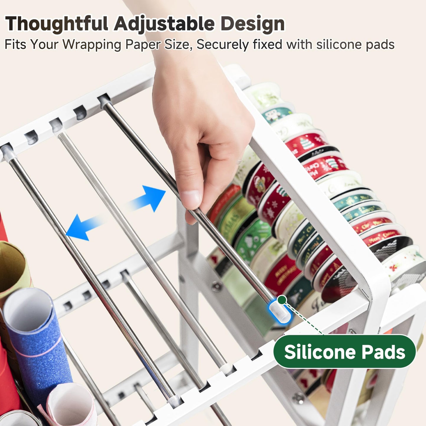 Aquzee Wrapping Paper Storage, Rolling Gift Wrap Station, 9 Adjustable Rod Design, Vertical Wrapping Paper Storage Cart, Ribbon Organizers and Gift Bag Storage, 12 PCS Slap Bands, White