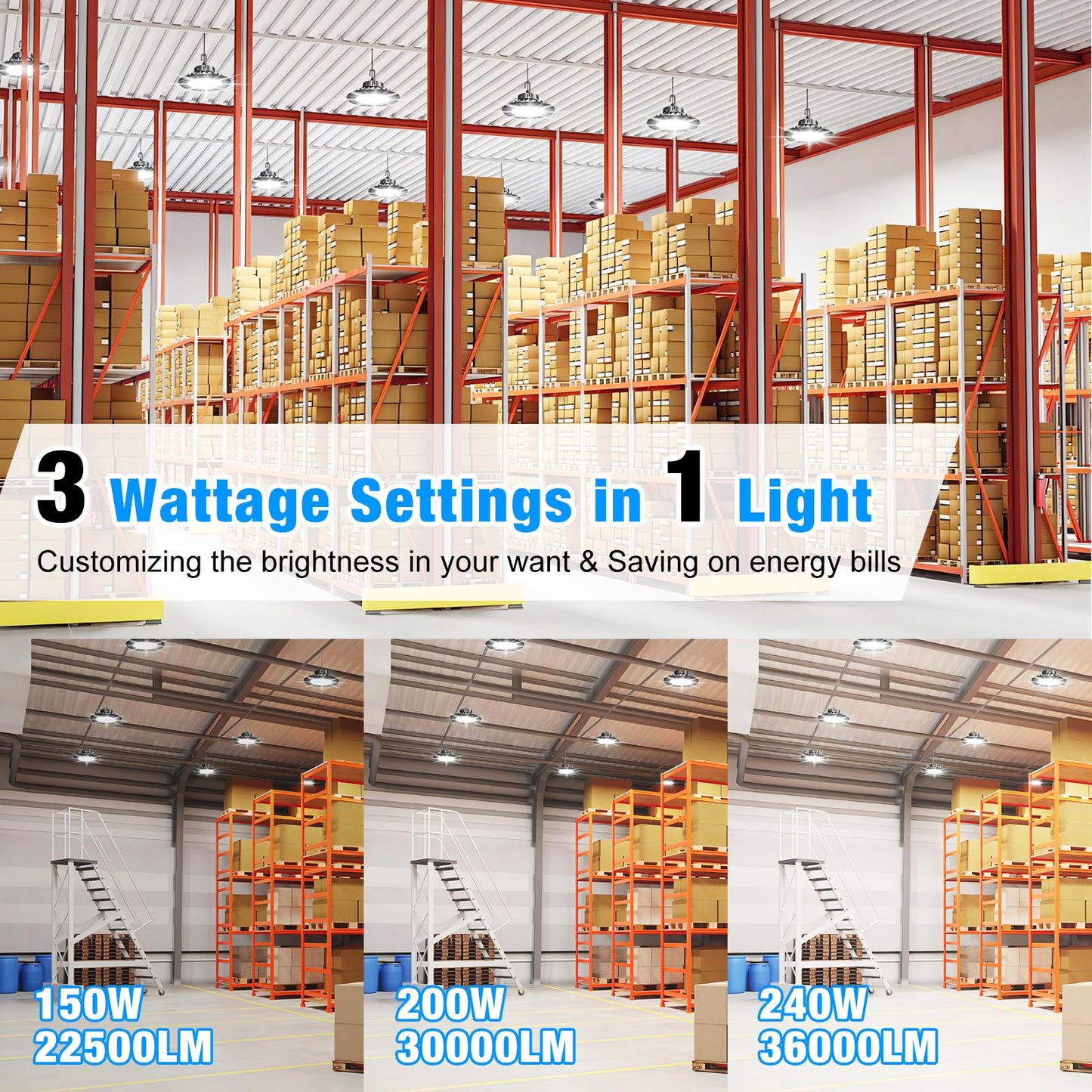 G GJIA UFO LED High Bay Lights 240W Flicker Free -36000LM Super Bright High Bay Shop Lights 5000K, 0-10V Dimmable, 6' Cable, 100-277V for Garage Barn Warehouse(2 Pack)