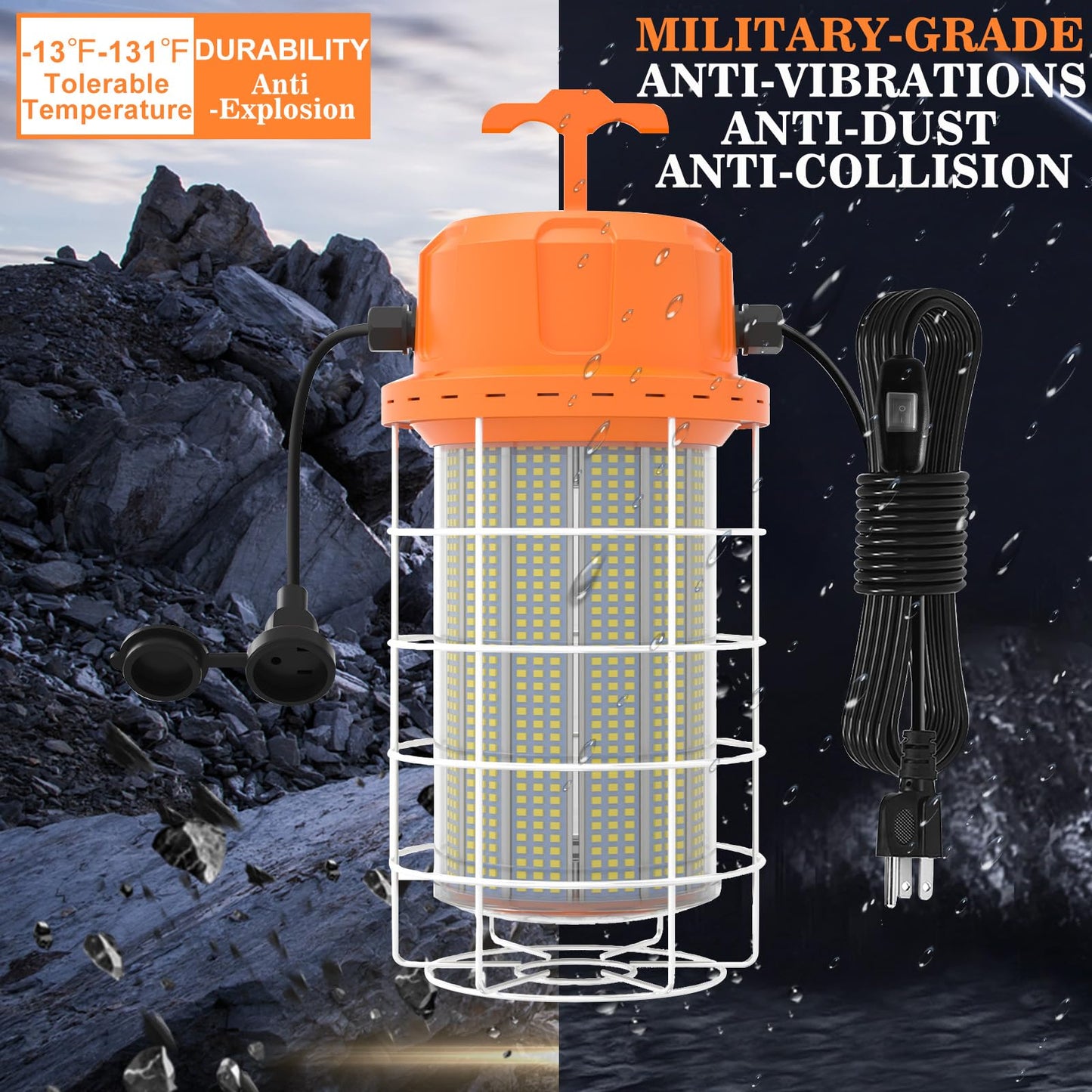NS LED Temporary Work Light 400W 60000 LM, 5000K Daylight with 16-ft Cord & Hook, Waterproof, Orange - 26-Year Lifespan, 5-Yr Warranty, Chainable up to 20 (1-Pack) Construction JobSite Warehouse