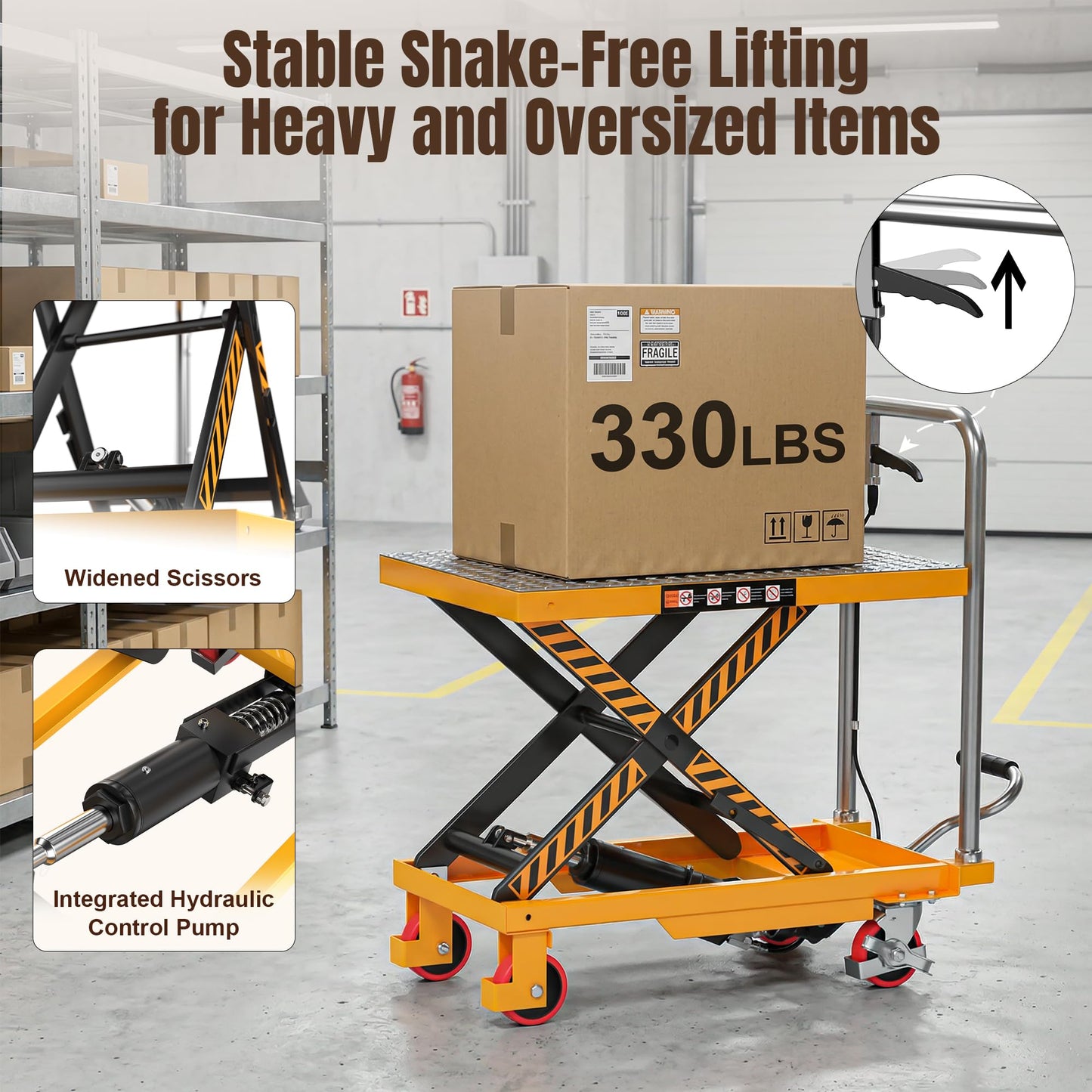 Tera Foldable Hydraulic Lift Table Cart: 330lbs Capacity 28.5" Lifting Height Single Scissor Lift with Non-Slip Pad Anti-Collision Wheels Thickened Scissors for Material Handling and Transportation