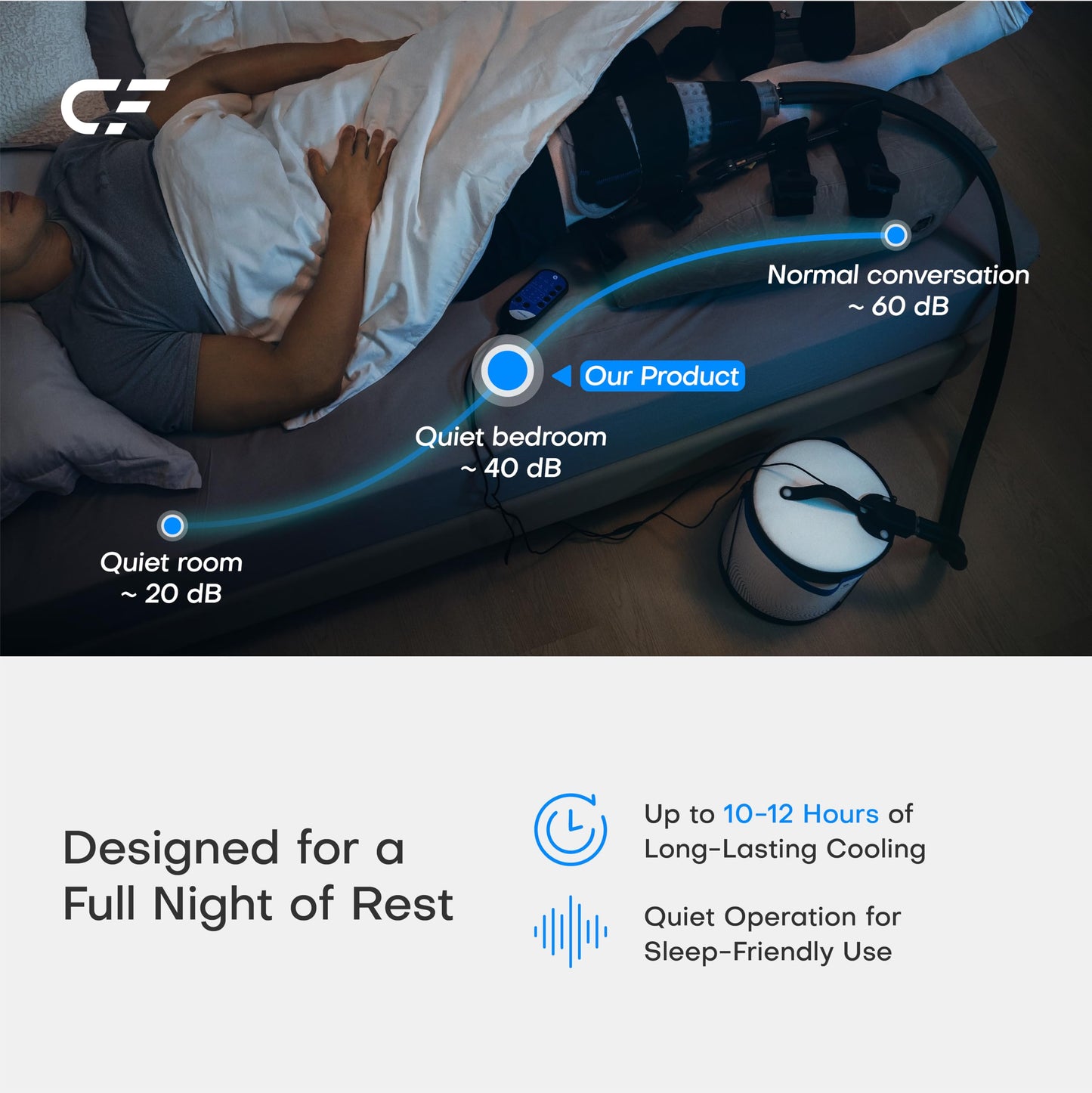 CF-1 Cold Therapy Machine for Knee Surgery Recovery, Quiet Ice Therapy System for Home Bedside Overnight Use with Programmable Timer, Large Capacity Cooling for ACL, TKR, Knee Replacement
