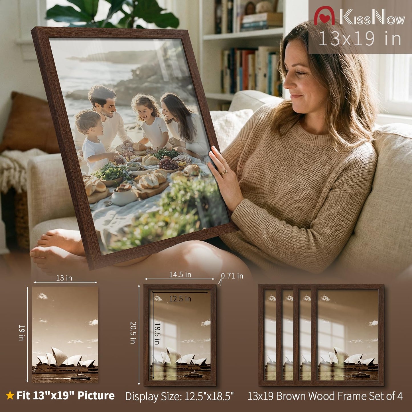 KissNow 13x19 Picture Frame 4 Pack, Brown Wood 19x13 Poster Frame, Tempered Glass, Vertical or Horizontal Wall Display for Photos & Art Prints