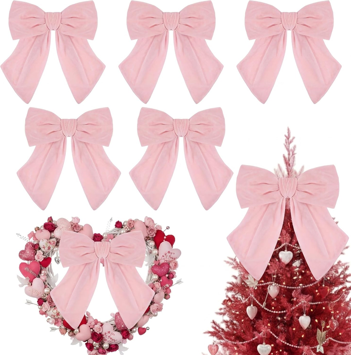 Riceshoot Velvet Bows - 5 Pcs Large 11'' x 16'' Pre-Tied Ribbon for Valentine's Gift Wrapping | Light Pink