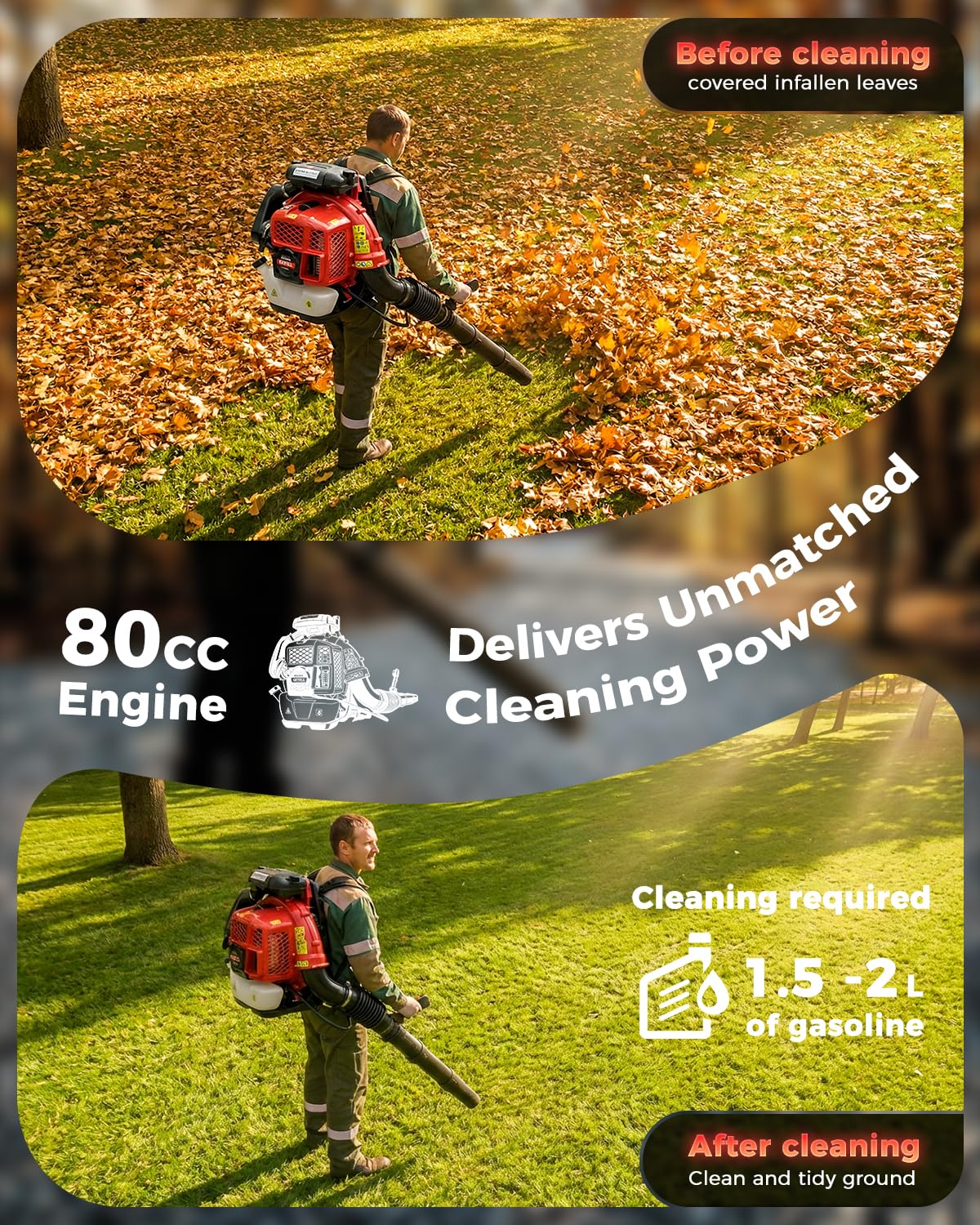 Getell 80cc Gas Backpack Leaf Blower, 900CFM 206MPH 2-Stroke Engine, Heavy-Duty Leaf & Snow Blower for Lawn, Garden & Commercial Use (Red)