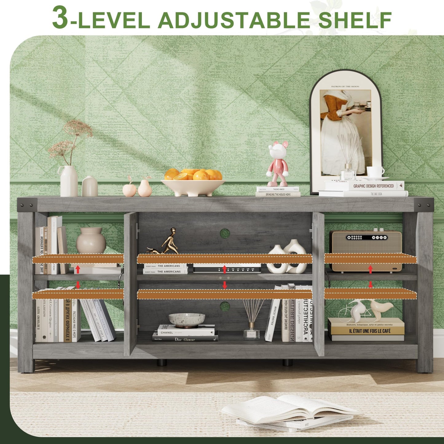 Garvee TV Stand for 65'' TV, Farmhouse Entertainment Center with Storage, 60'' TV Console Table with Shelves, Modern Media Console Cabinet with Doors, Wooden TV Stand for Living Room, Bedroom, Grey