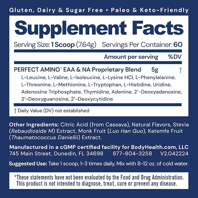 BodyHealth PerfectAmino Powder - BCAA and EAA Powder for Pre and Post Workout - Amino Acid Energy Drink for Men and Women to Support Lean Muscle and Recovery - Lemon Lime - 60 Servings