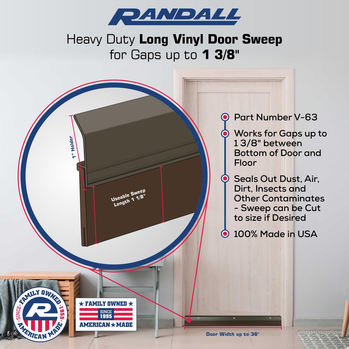 Randall Manufacturing V-63-BR All-Season Door Sweep, Heavy Duty Aluminum, Ideal for Residential & Commercial Use, Easy Installation with Heavy Rubber Seal, Ensure Comfort and Security (3 FT, Brown)