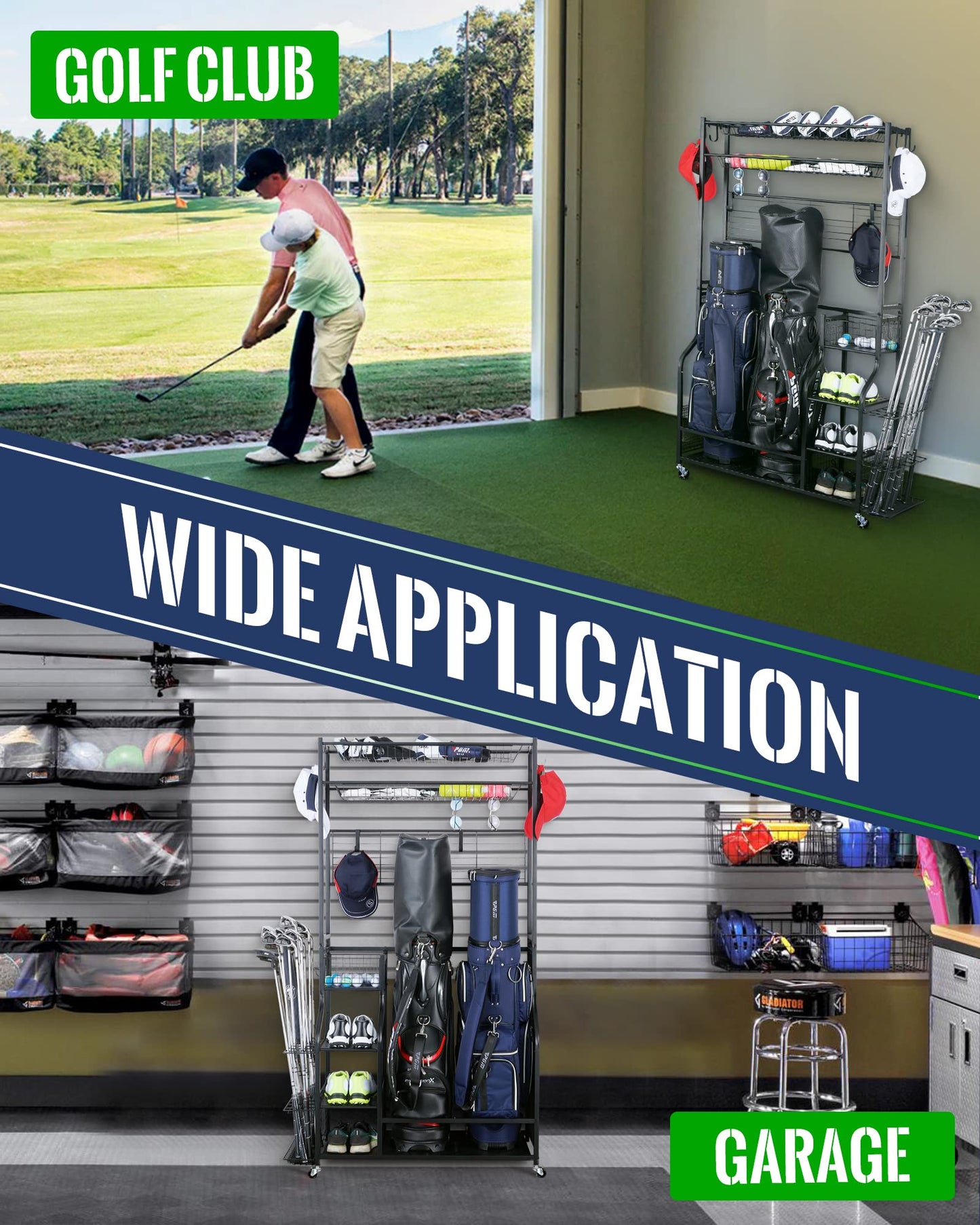 Mythinglogic Golf Club Storage Rack - 2 Golf Bags Stand and Golfing Equipment Accessories Storage Organizer with 4 Removable Hooks, Metal Black Golf Rack for Garage