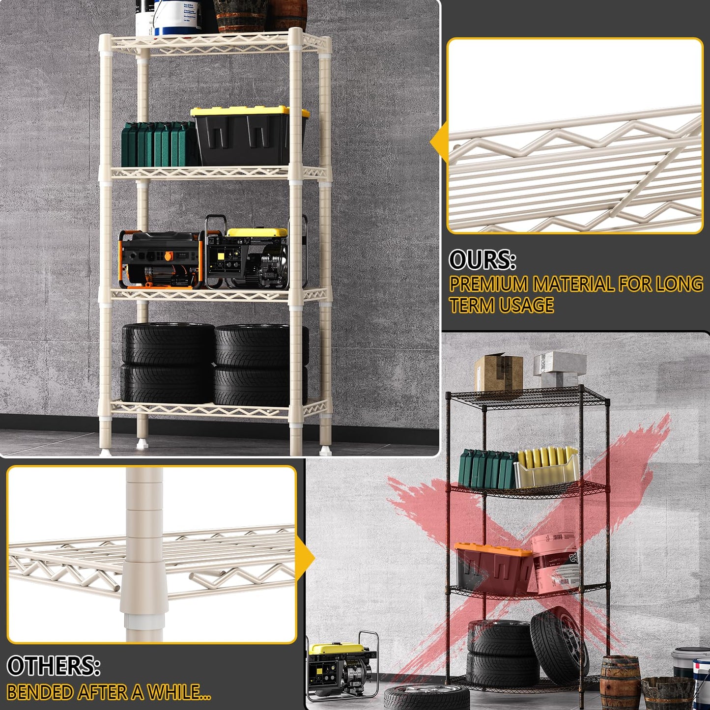 M MZG 1000 lbs 4-Shelf Standing Storage Shelves Heavy Duty Metal Shelving Unit Adjustable Wire Rack for Office Garage Kitchen, Light Tan 11.8 D x 23.6" W x 47.5" H