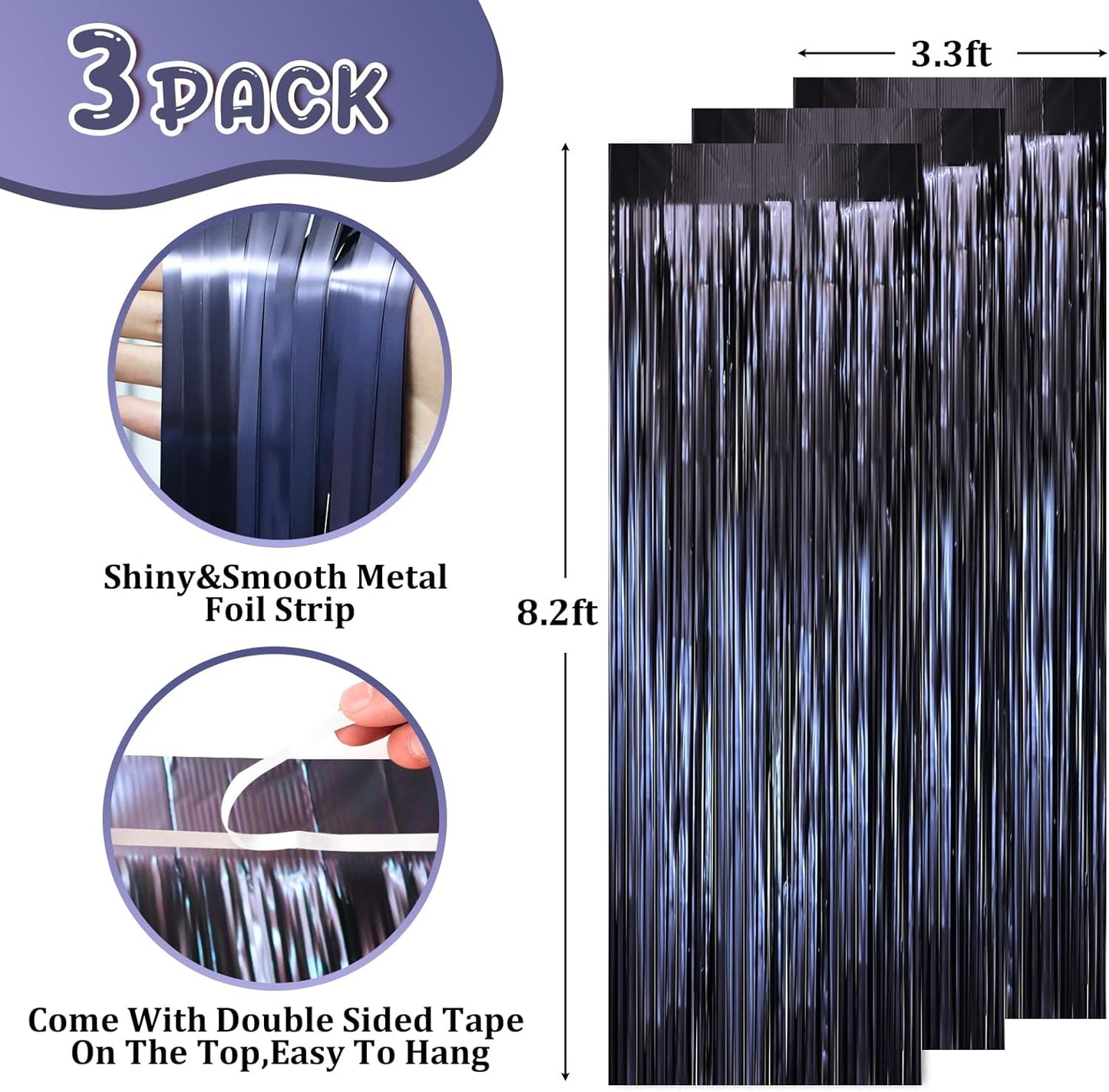 Voircoloria Matte Blue Foil Fringe Curtains - 3 Pack 3.3 x 8.2 ft Tinsel Streamers for Parties | Perfect for Graduation & Birthdays