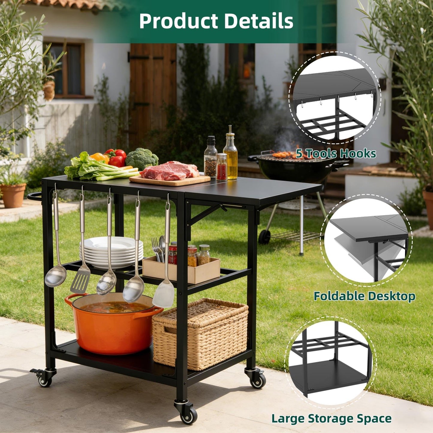 Outdoor Grill Table for Big Green Egg, Heavy Duty Metal Cart Prep Table with Wheels, Folding Panels, Storage Shelf, Hooks, Removable Central Cover, Compatible with Large Big Green Egg, Kamado Joe Jr