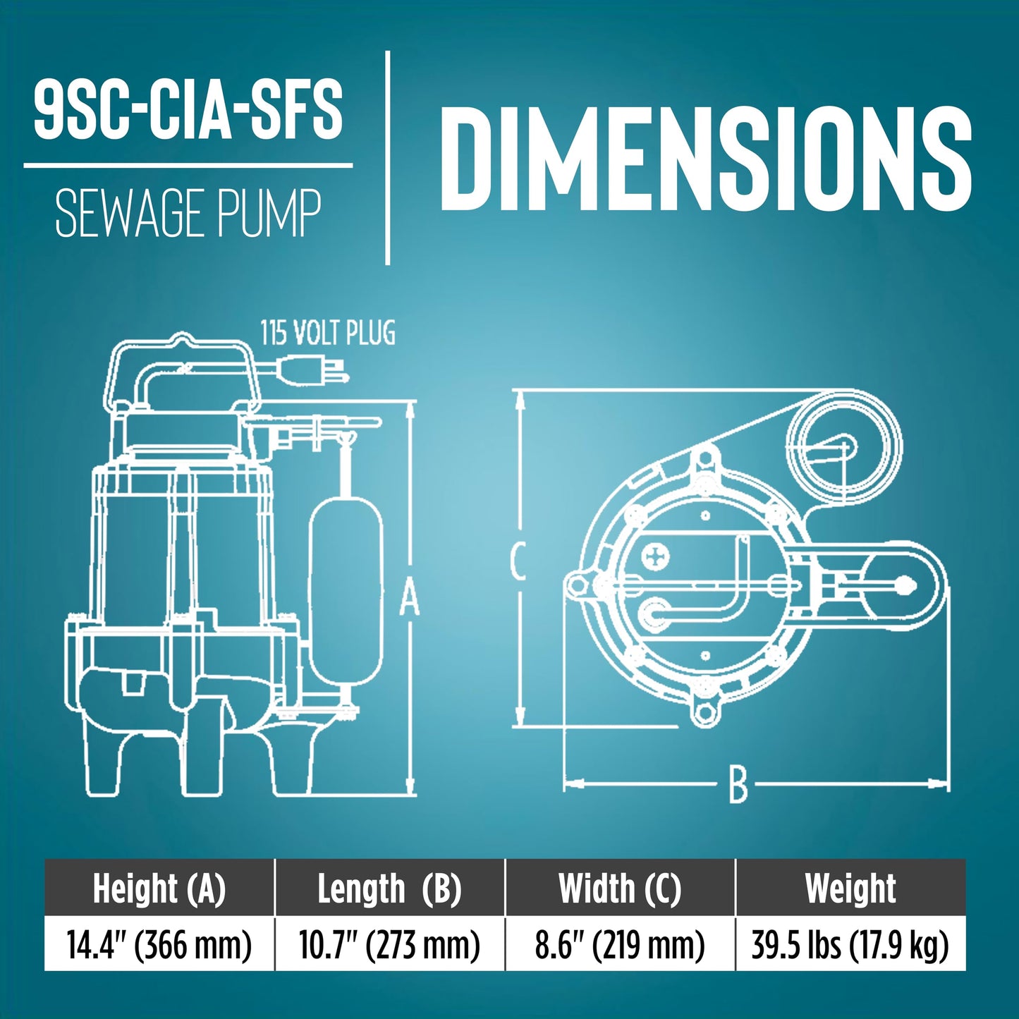 Little Giant 9SC-CIA-SFS 115 Volt, 4/10 HP, 6000 GPH Epoxy-Coated Cast Iron Submersible Sewage Pump with Integral Snap-Action Float Switch, 20-Ft. Cord, Blue, 509411