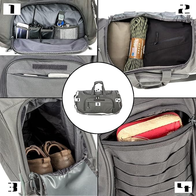 Gym Bag for Women & Men Tactical Duffle Military Weekender Work Out Lightweight Waterproof Sports Tote Shoe Pocket Gray