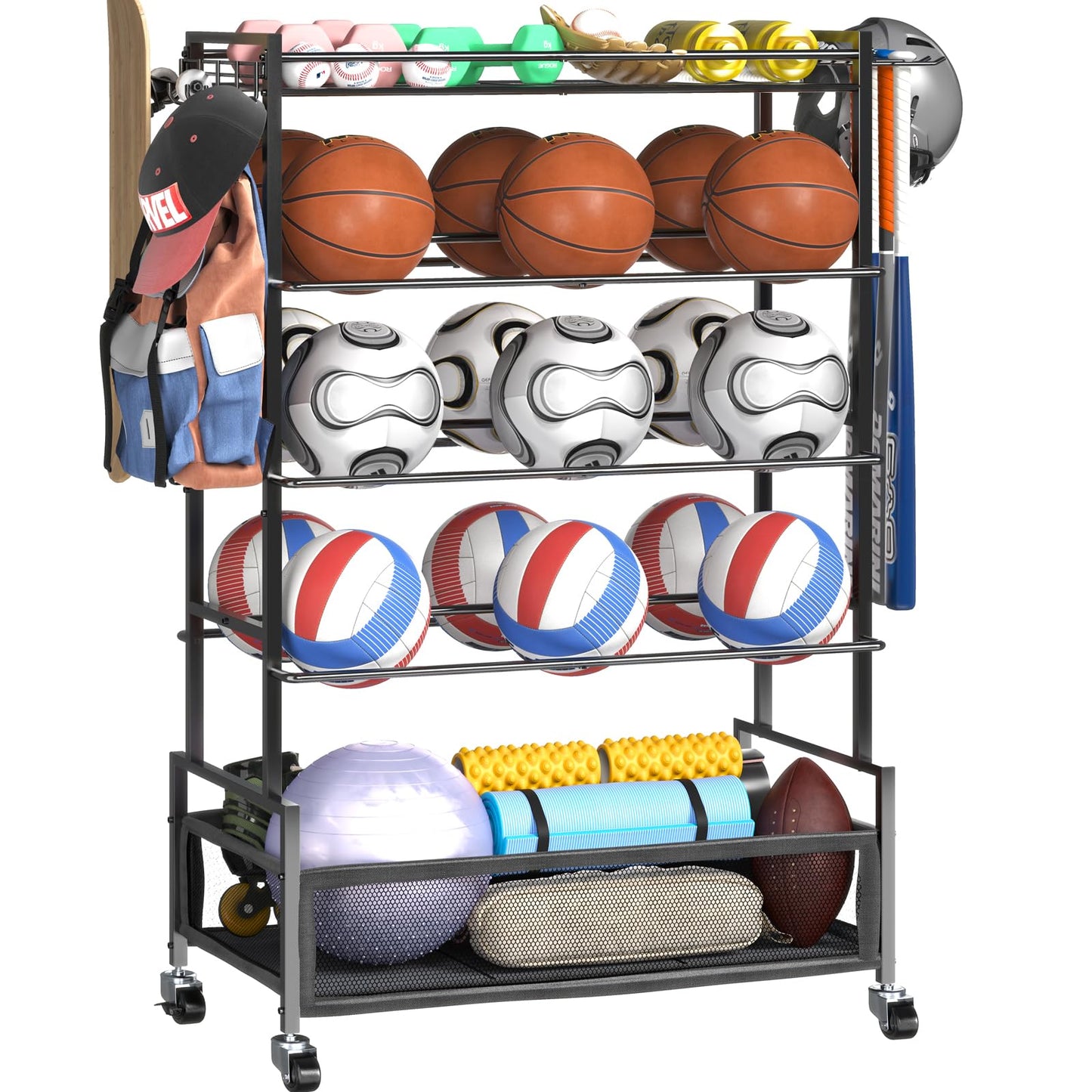 SOYEEZE Garage Sports Equipment Organizer-Large 5 Layer Ball Storage, Basketball Stand Holder, Outdoor toy storage, Baseball Bat Rack, Rolling Ball Cart with Hooks and Wheels for Indoor/Outdoor Use