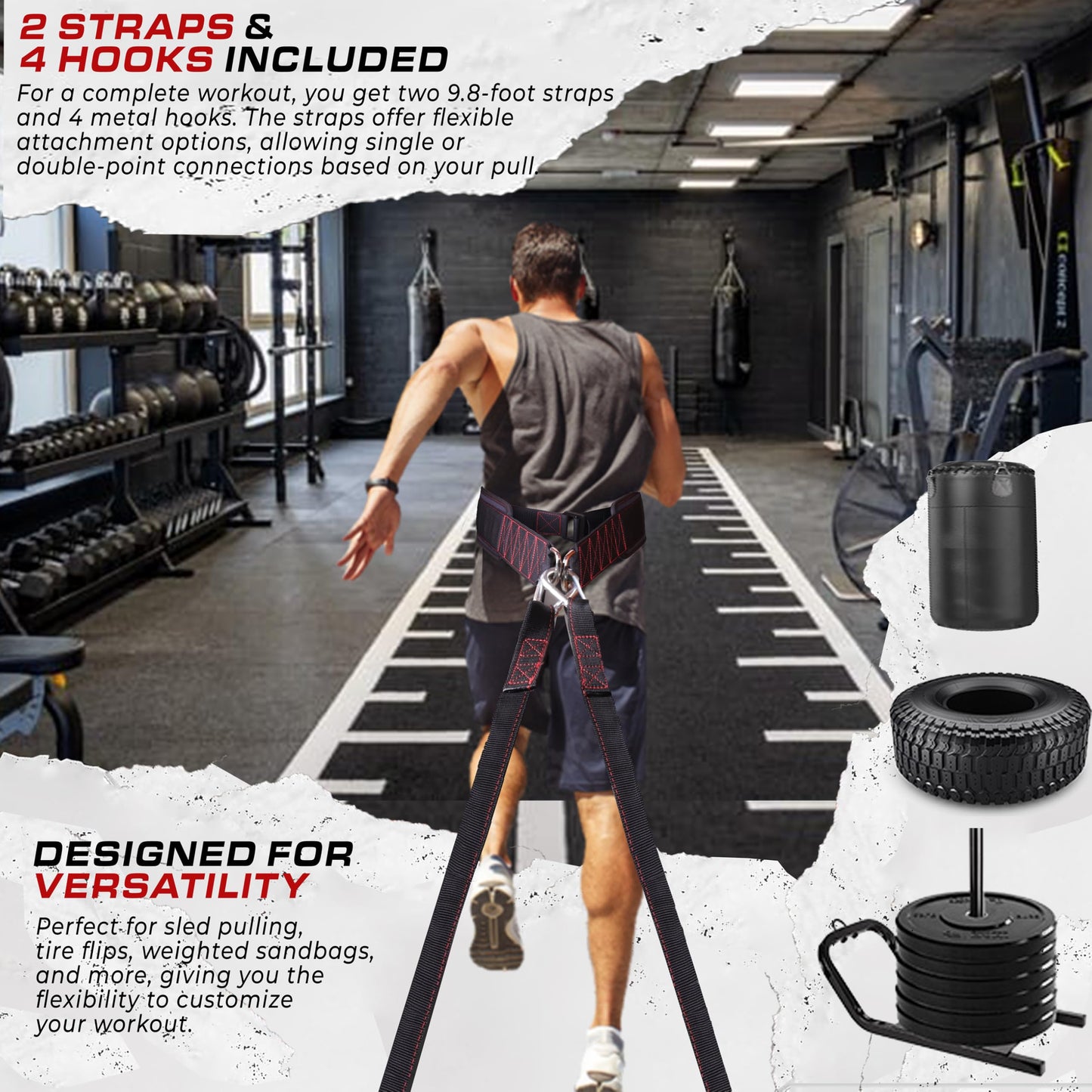 Sled Pulling Belt with Adjustable Closure, 2 Sled Pulling Straps & 4 Hooks – Ideal for Resistance Training, Strength, Agility, and Multi-Directional Pulling (Back, Front, Sides)