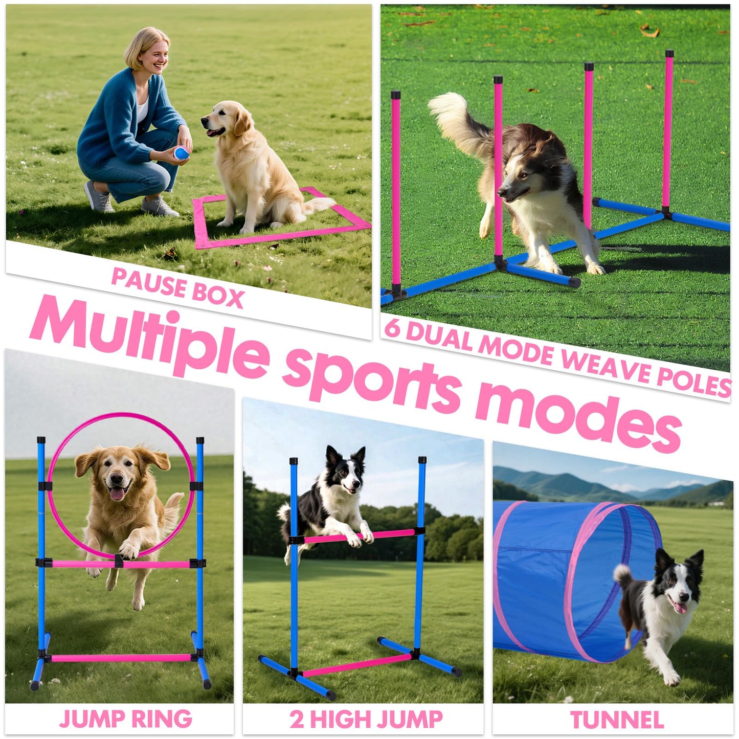 Dog Agility Course Backyard Set, Dog Agility Equipment, Pet obstacle Course Backyard with 6 Dual Mode Weave Poles, 2 Adjustable Hurdle, Jump Ring, Tunnel, Pause Box, Toy Balls and 2 Carrying Bags,Pink