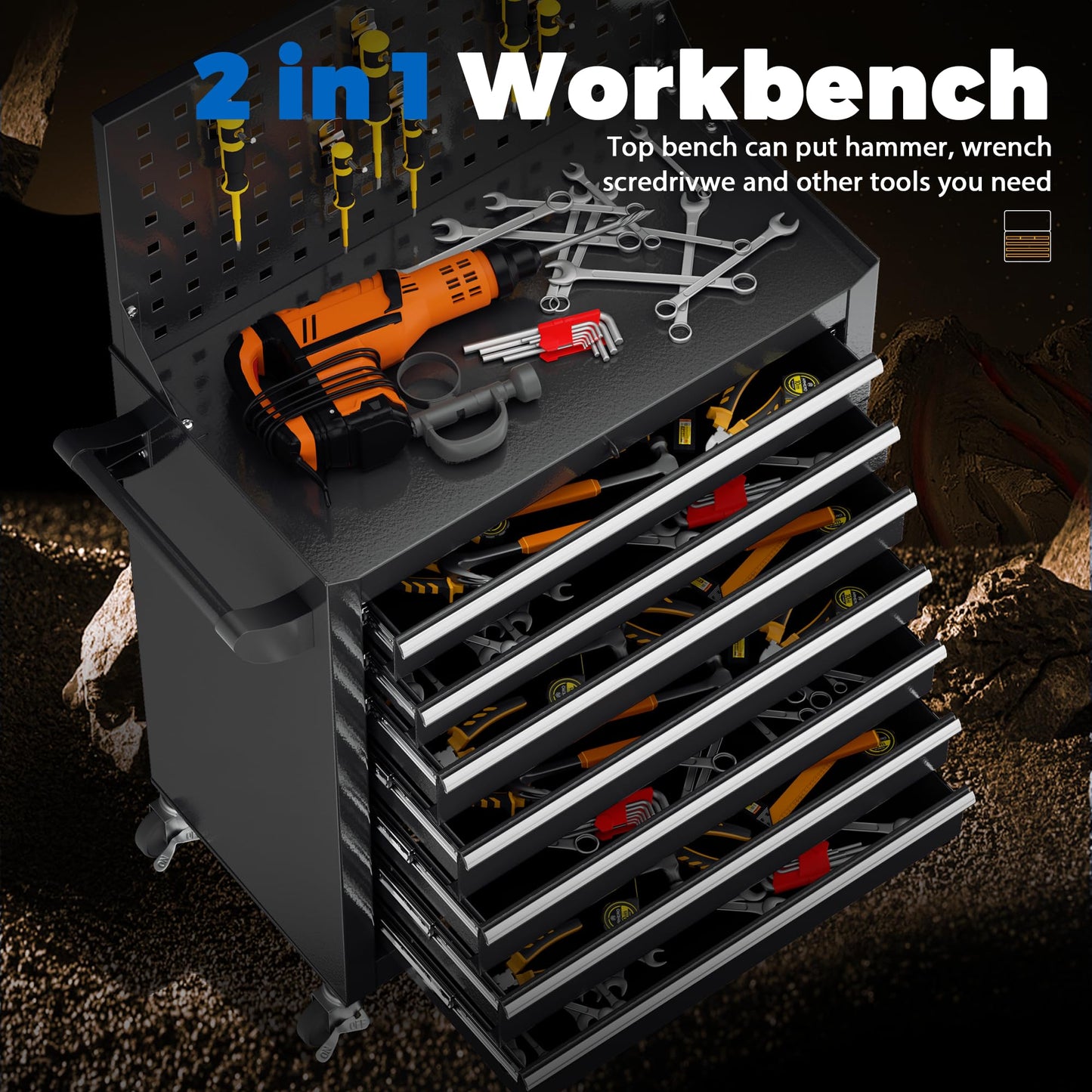INTERGREAT 7 Drawers Rolling Tool Chest with Pegboard, Metal Tool Chest with Drawers, Tool Storage Cabinet with Wheels for Garage, Workshop, Repair Shop, Black