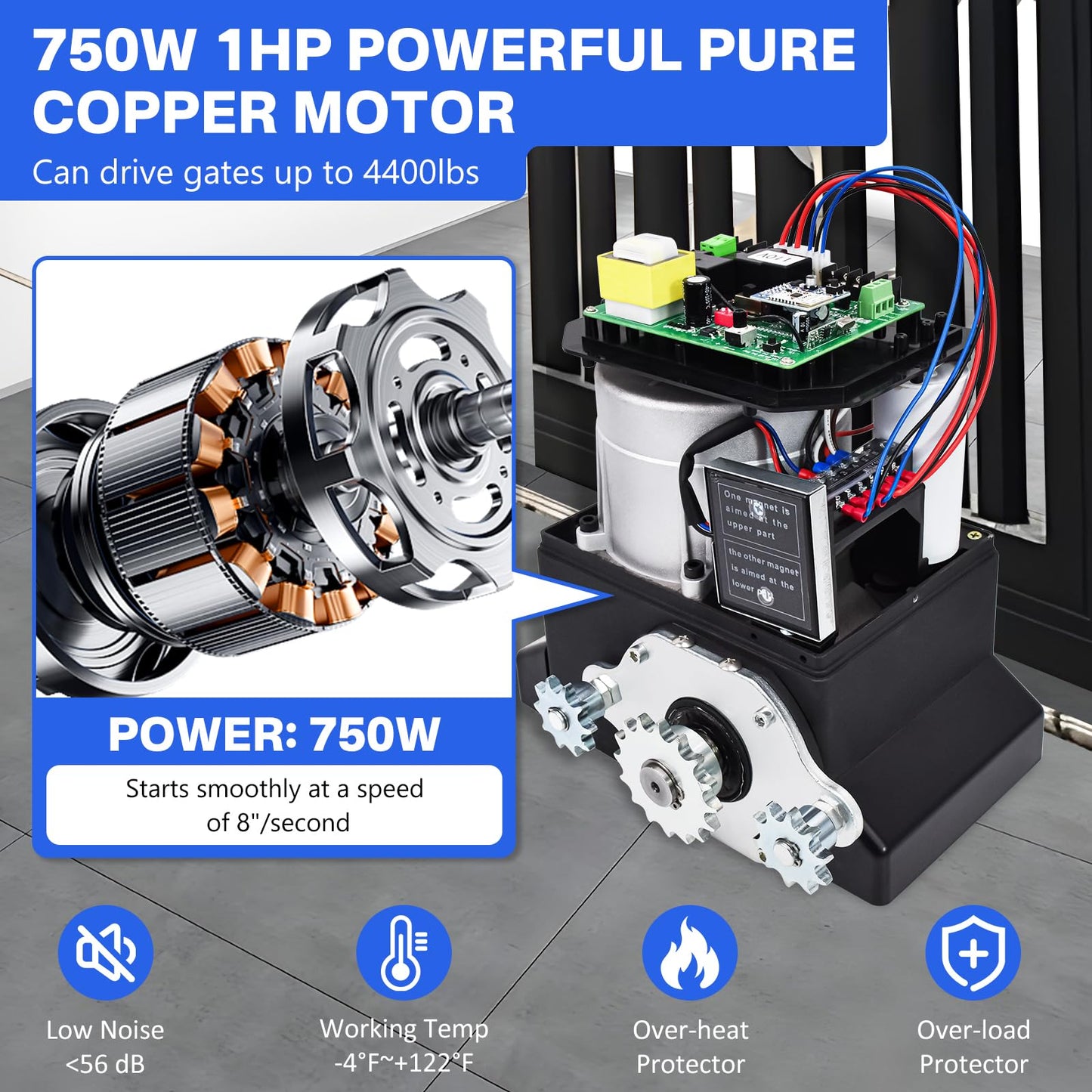 4400LB Automatic Sliding Gate Opener,750W APP Control Electric Rolling Driveway Slide Gate Motor with 4 Remotes,Wireless Keyboard,Gate Operator Hardware Kit for Security,Up to 40FT (Chain Driven)