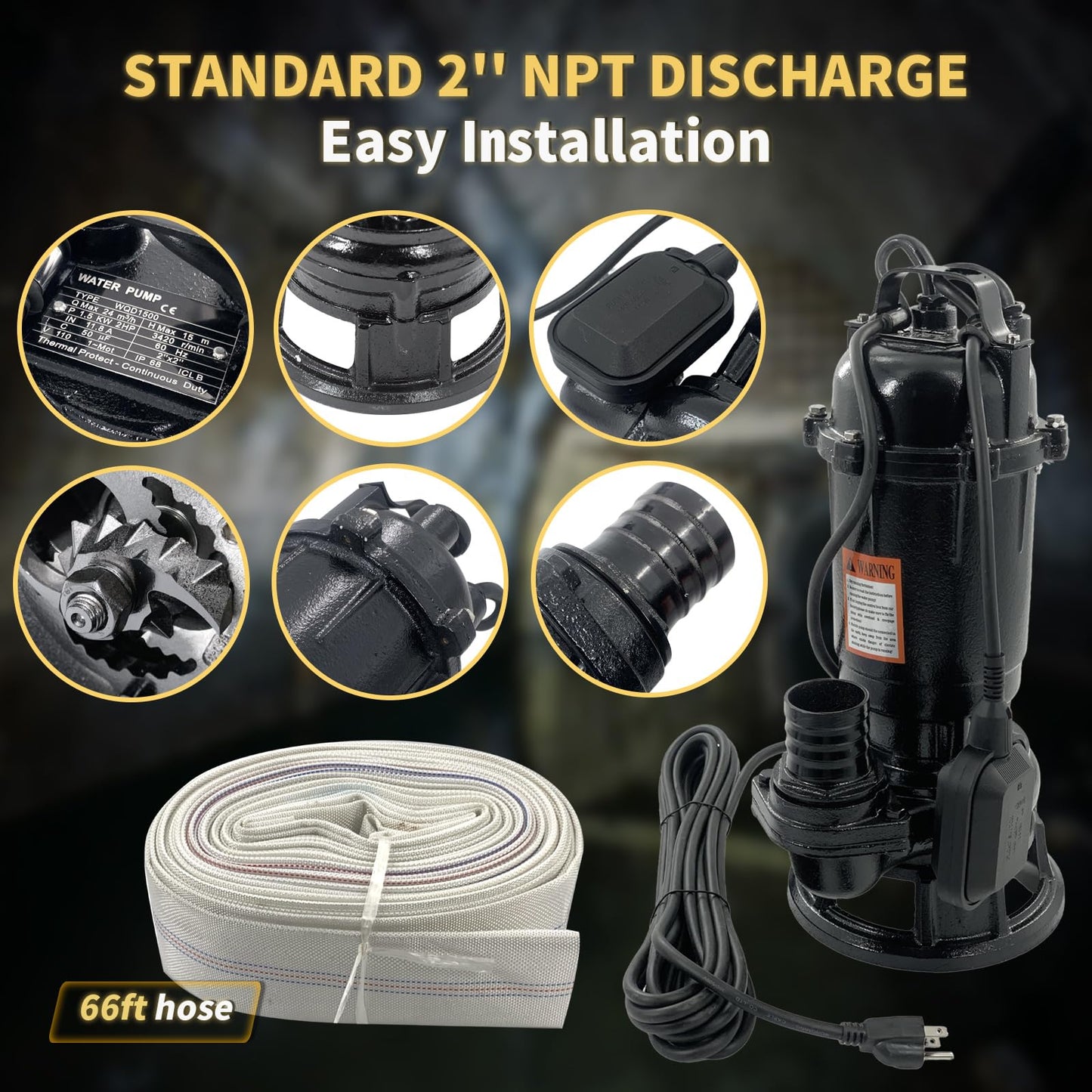 Submersible Sewage Grinder Sump Pump, 2HP 110V 1500W, 6498 GPH Cast Iron Sump Pump with Automatic Float Switch, 2'' NPT Discharge, 66ft Hose for Basement Sump Basin & Sewage Pit