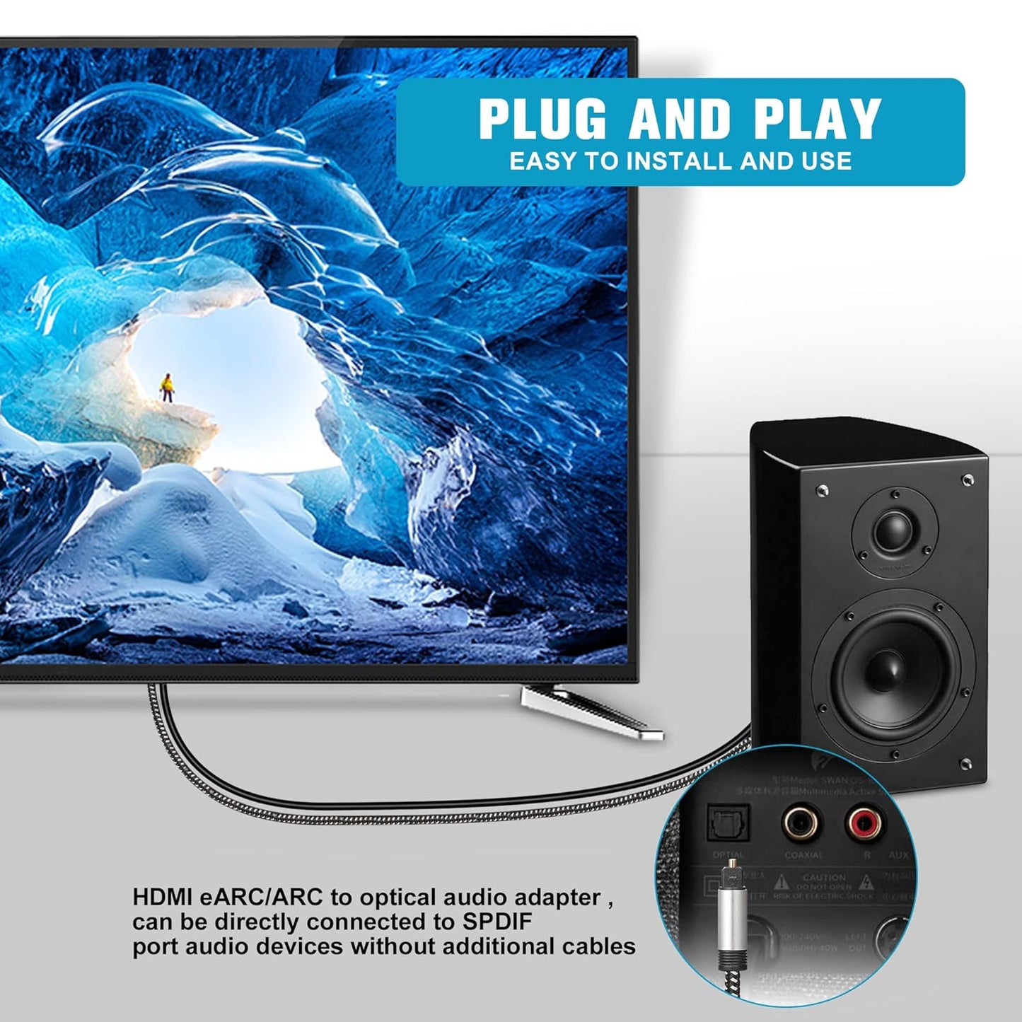 192KHz 3.4ft/1.05m Dolby/DTS 5.1 HDMI eARC/ARC to Optical Audio Converter for TV to Soundbar, Plug & Play eARC