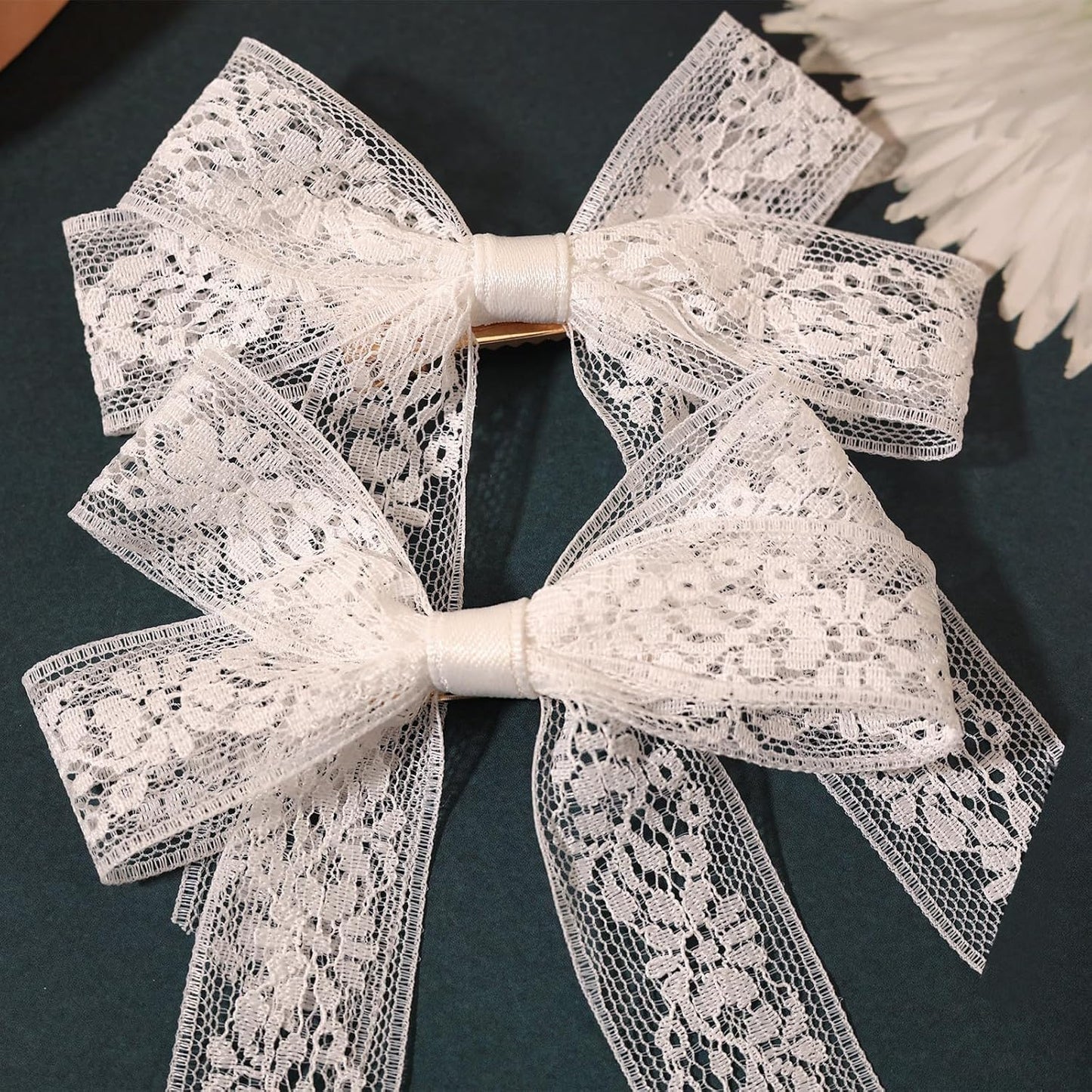 Skiennix White Lace Tulle Hair Bows - Long Tail Ribbons & Tassel Barrettes for Women