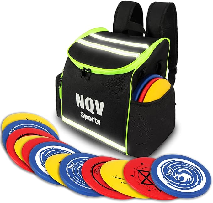 NQV Disc Golf Set with Backpack,Disc Golf Beginner Set,12 Pack Flying Discs with Putters Drivers Mid Ranges+1Green Disc Golf Bag Fluorescent Portable Outdoor Indoor