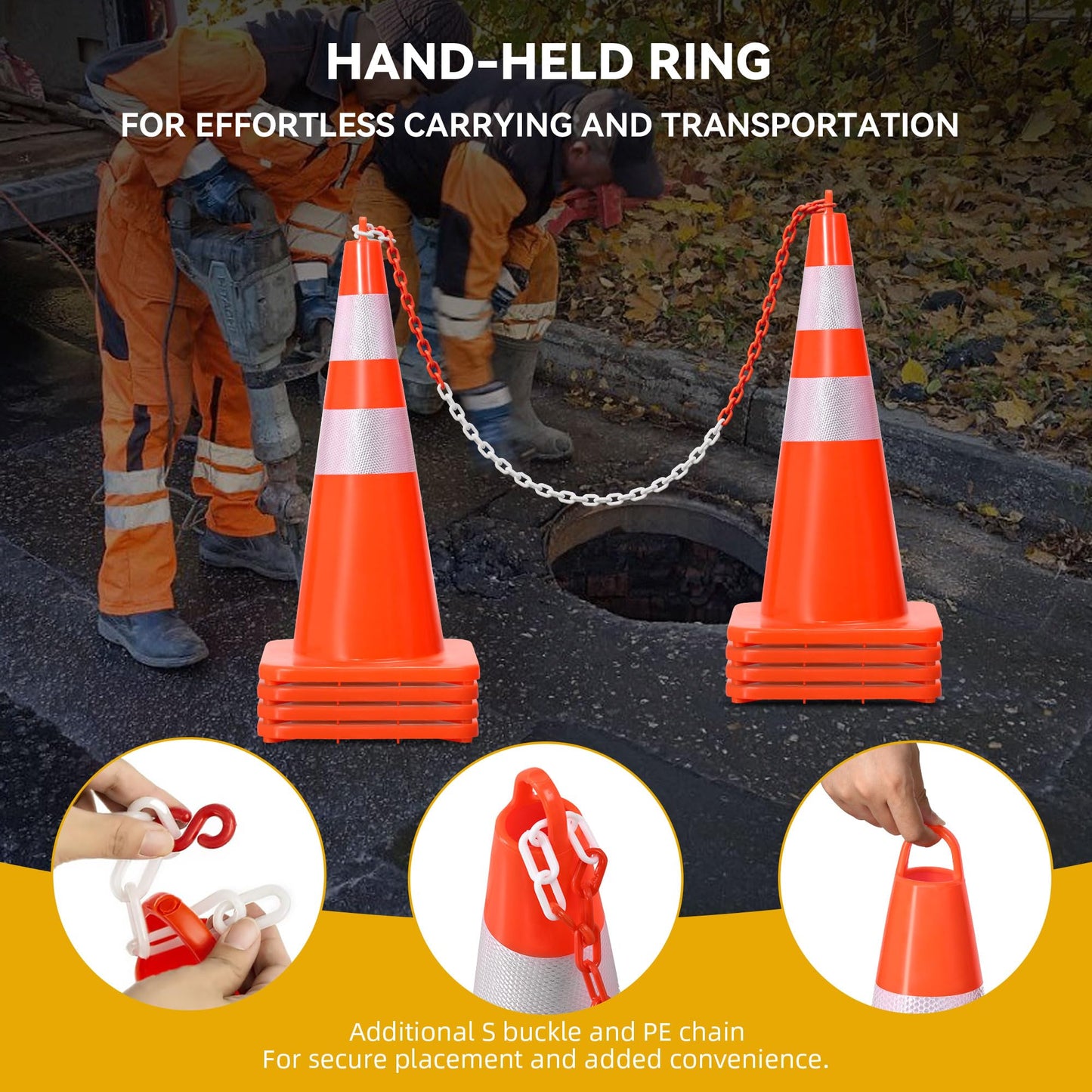 DWVO 12Pack 28in Traffic Cones with 36FT Chain, Safety Road Parking Cones PVC Base, Orange Traffic Cone with Reflective Collars, Hazard Construction Cones for Home Traffic Parking Road