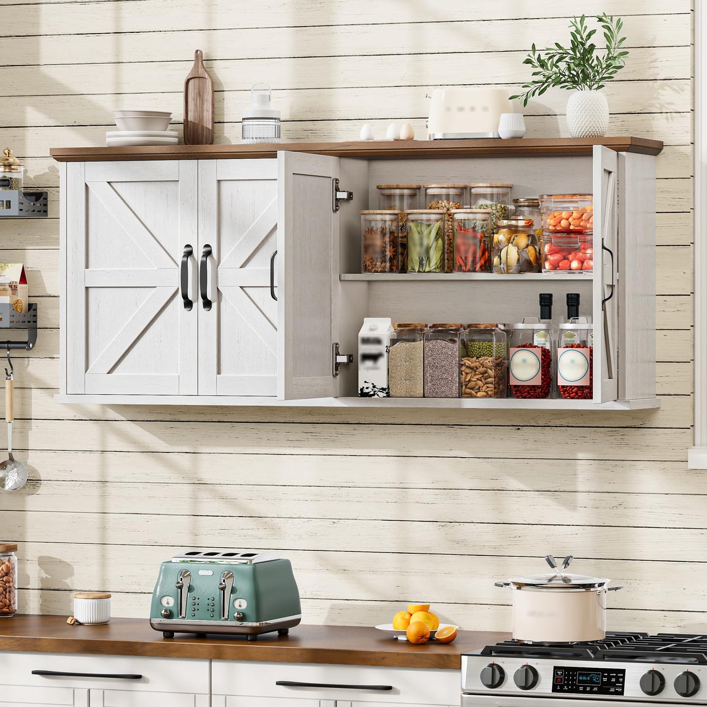Halitaa 47" Laundry Room Cabinets and Storage with 4 Doors and Utility Adjustable Shelf, Large Wall Mounted Storage Cabinet, Upper Kitchen Cabinet for Laundry, Bathroom, and Kitchen, White and Brown