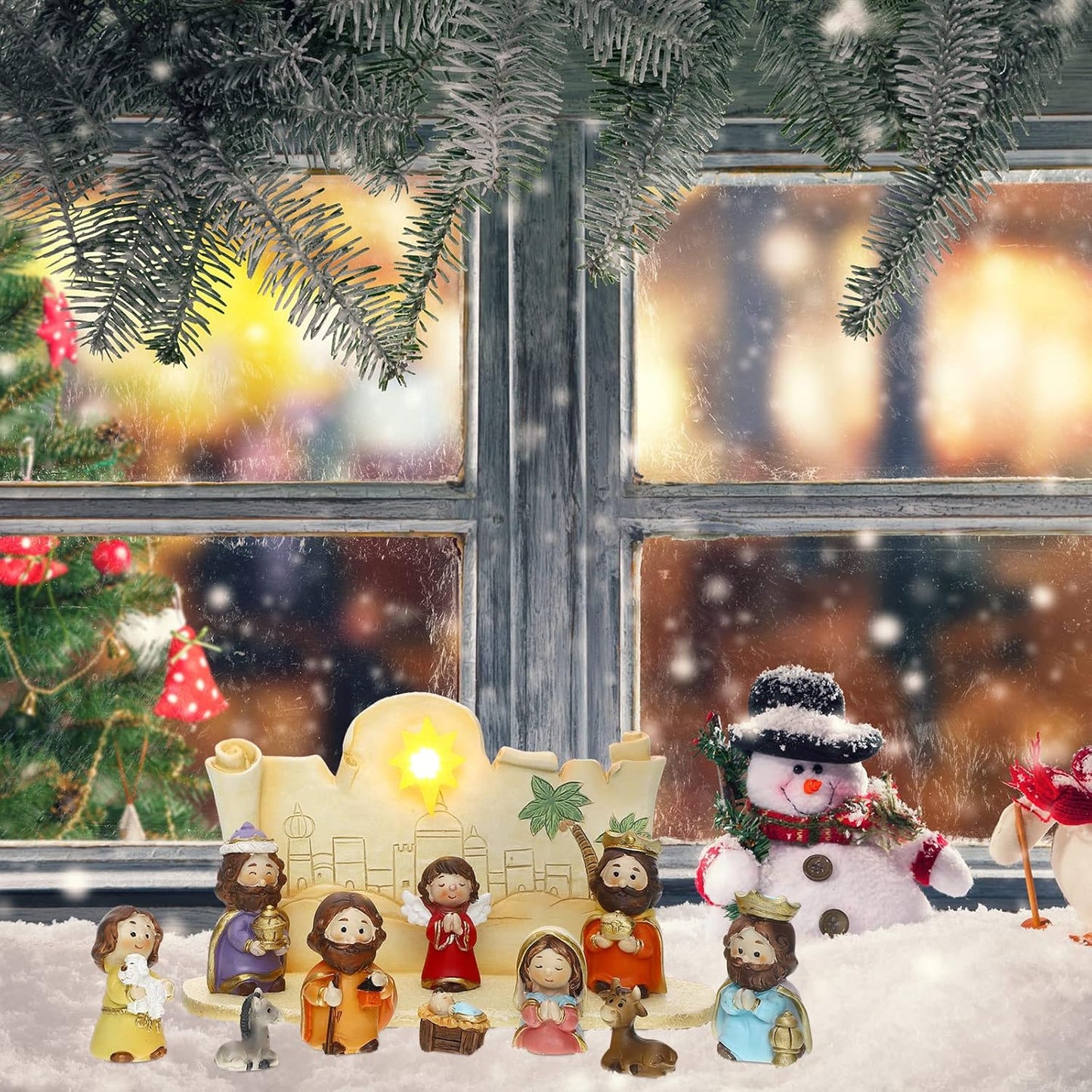 Skiennix Mini Christmas Nativity Set - 11 Colorful Figurines with Light & Rearrangeable Manger Decor