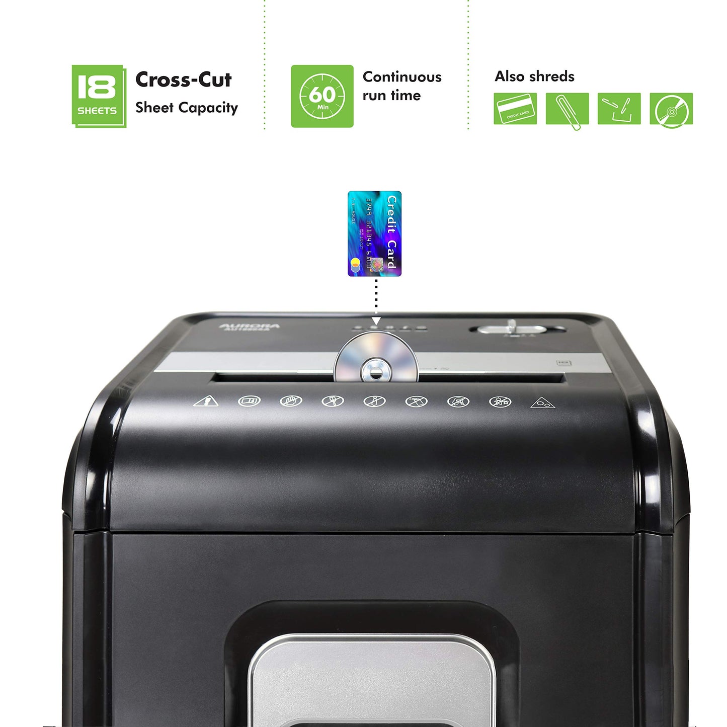 Aurora AU1880XA Heavy Duty Anti-Jam 18-Sheet Crosscut Shredder/60 Min Run Time/ 7-Gallon Pullout Basket and Casters