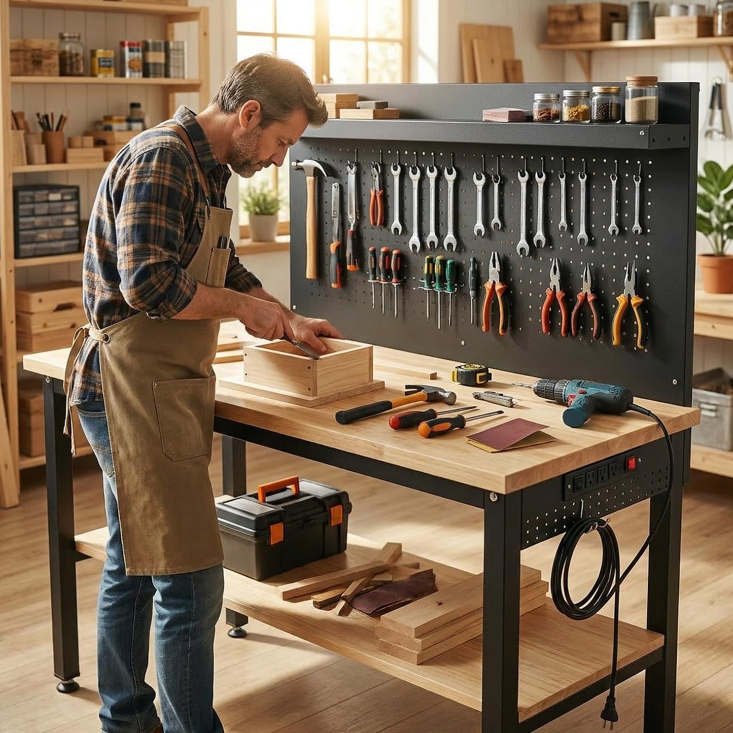 60'' Adjustable Workbench with Storage Shelf & Pegboard – Max Load 2000 LBS, Heavy Duty Rubber Wood Tabletop Tool Bench with AC/USB Outlet, Garage Organization, Work Benches for Workshop, Office