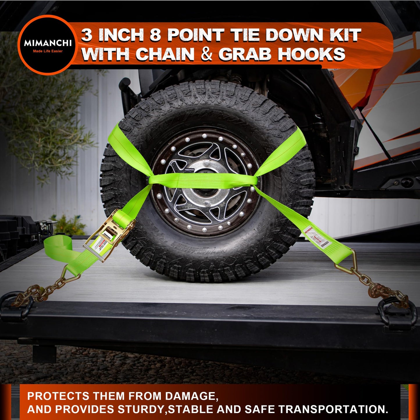 Mimanchi 3 Inch 8 Point Roll Back Tie Down Kit with 3/8" Chain Grab Hooks on Both Ends, 6600 lb WLL, Heavy Duty Tow Truck Straps Car Hauler Carrier Tie Down