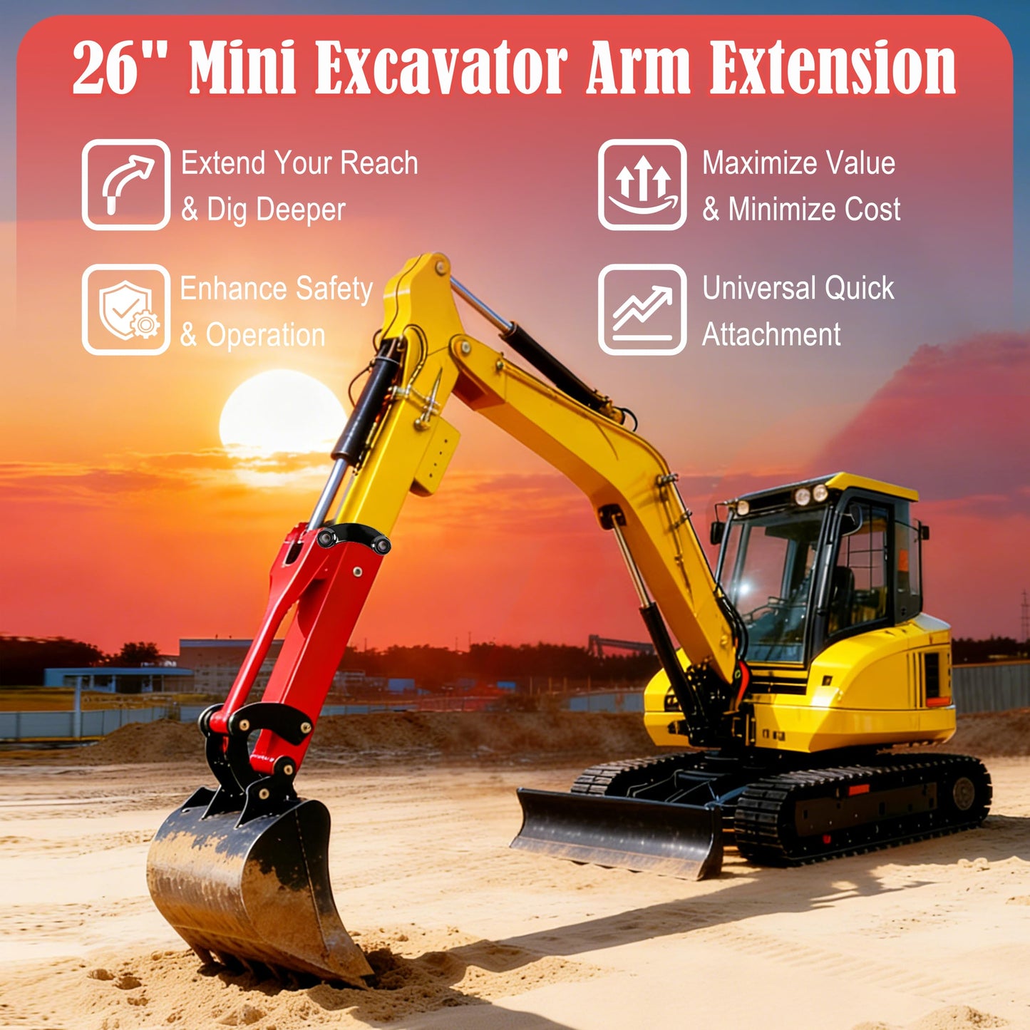 26" Mini Excavator Arm Extension for 0.8-2 Ton Machines Quick Attach Ditch Digging and Trenching Boom Heavy-Duty Steel Construction Mini Excavator Accessories for Extended Reach