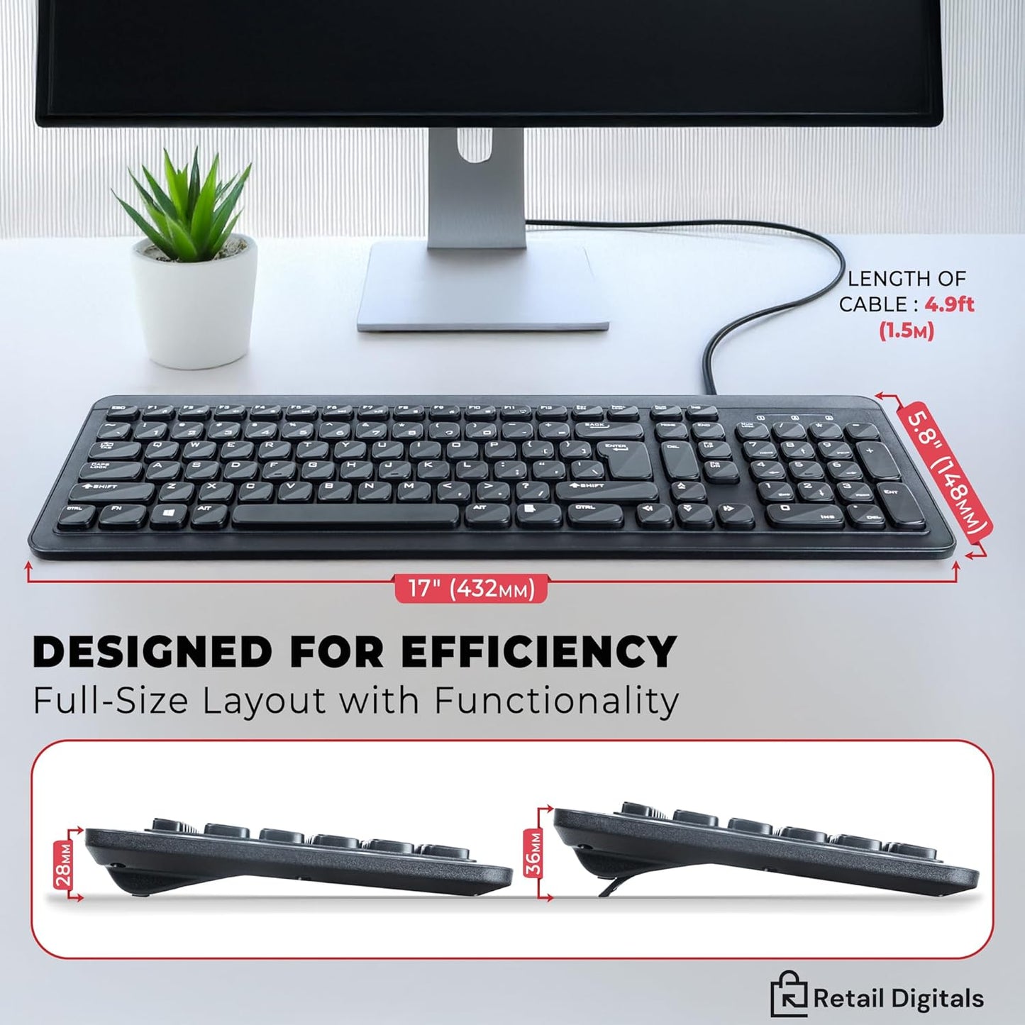 Retail Digitals Wired USB Keyboard | Full-Sized | Ergonomic | Soft Typing | QWERTY Layout | Black