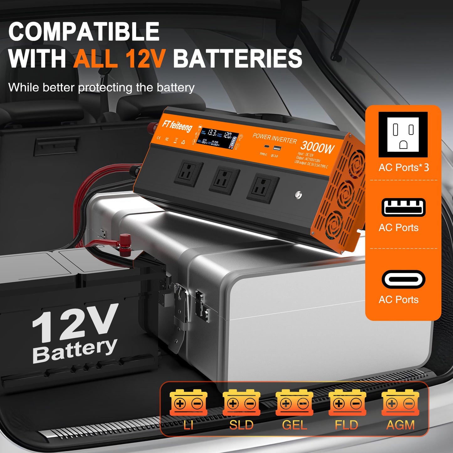 3000W Power Inverter, 12v DC to 120v Ac Inverter, Power Inverters for Vehicles with LCD Display, 3AC Sockets and USB-C & QC 3.0 Port with Remote Control for Camping Home Truck Rv Solar System