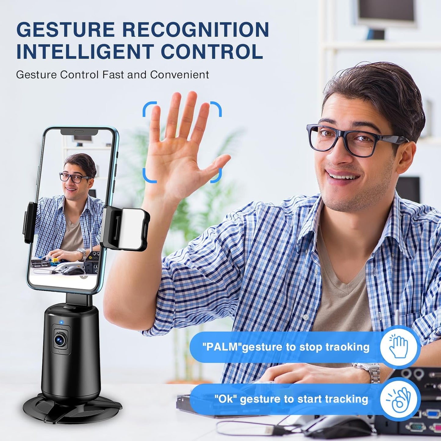 jiangler 360 Auto Face Tracking Tripod Rotating Cell Phone Photo and Video Kits Stand, No App, Camera Stand with Remote