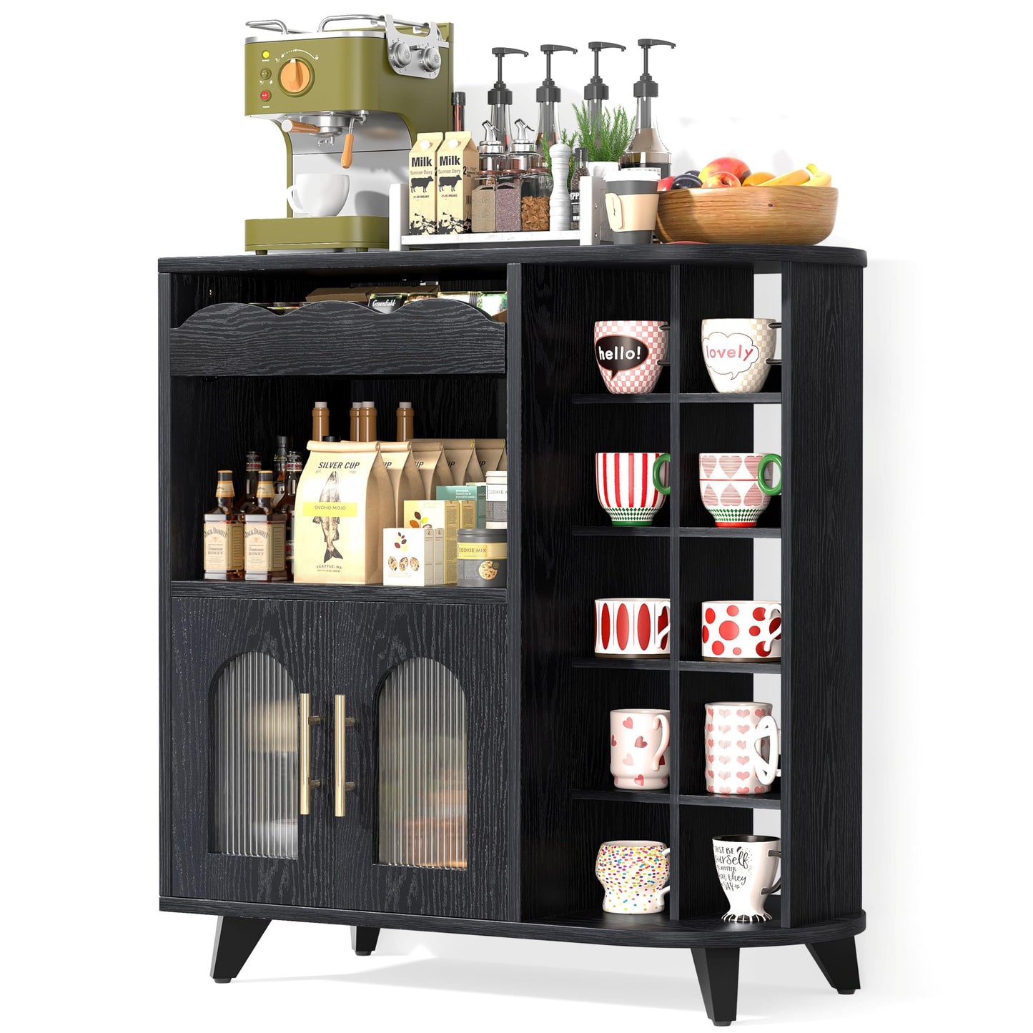 VINAEMO Coffee Bar Cabinet with 24-Cup Display, Large Drawer & Storage,Modern Buffet Sideboard for Kitchen, Medium Wooden Bar Station for Apartment，Black