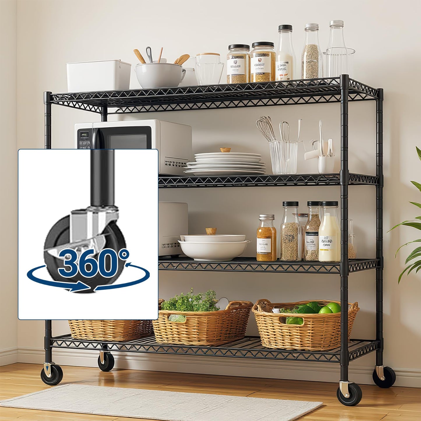 4 Tier Heavy Duty Wire Garage Shelving with Wheels, 2200 LBS Capacity, 24"D x 56"W x 75"H, Adjustable Metal Storage Rack, Industrial Shelves for Warehouse, Kitchen, Garage, Pantry and Utility Room