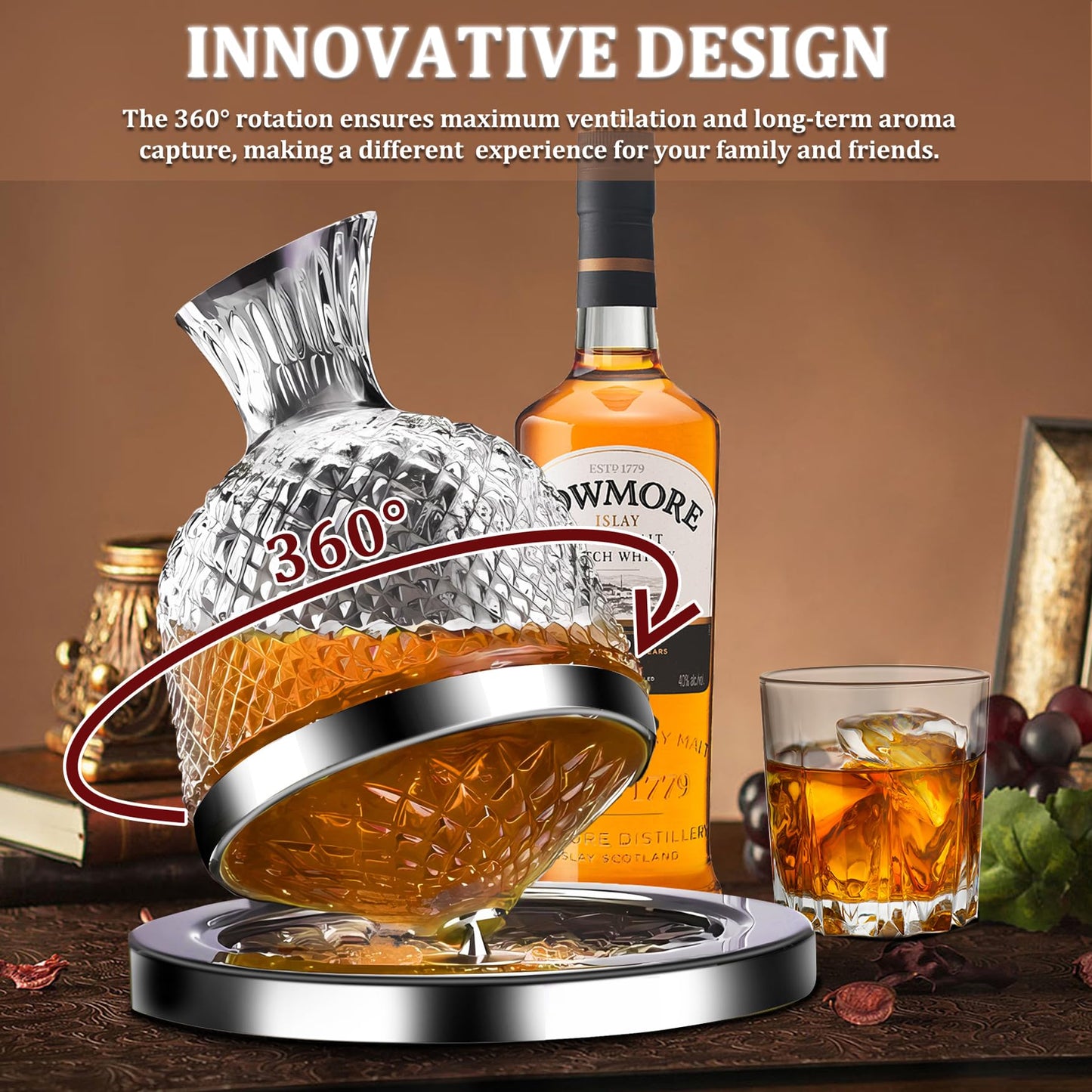 Red Wine Decanter 50oz/1500ml, YTHFGRT Wine Carafe Decanter Made of Lead-Free Crystal Glass, 360° Rotating Decanters for Whisky and Wine, Decanter Gift Box Design for Men Women Gifts