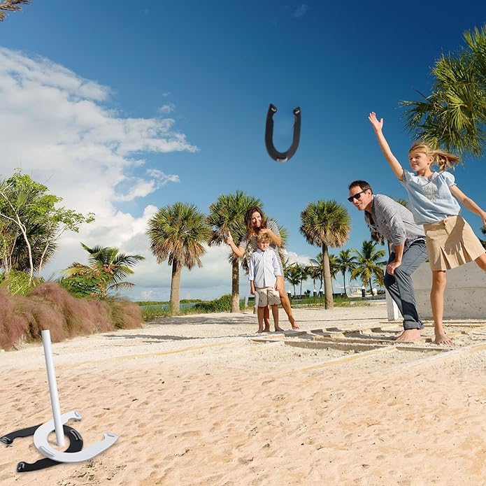 Horseshoes Outside Game for Kids, Metal Horse Shoes Game Kit Includes 4 Horseshoes 2 Stakes, Backyard Beach Outdoor Game for Kids （Not for Adultsï¼?White Black