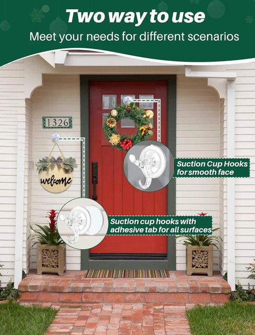Heavy Duty Suction Cup Hooks - 5 Pack Wreath Hangers for Front Door | Removable Garland Hanger Holds 11 Lbs