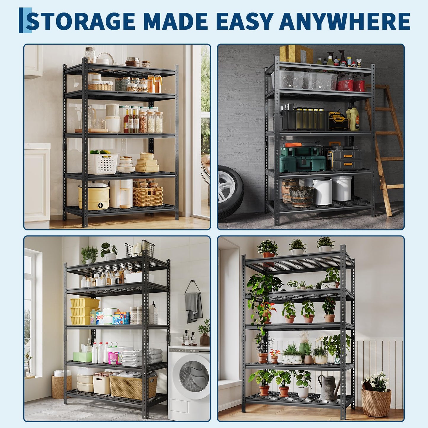 2 Pack Adjustable Garage Storage Rack, 2200 LBS Heavy Duty Garage Shelving, 5 Tier Metal Utility Shelf, Industrial Shelving for Garages, Kitchen, Pantry, Warehouse, Basement, 36" w × 16" d × 72" h