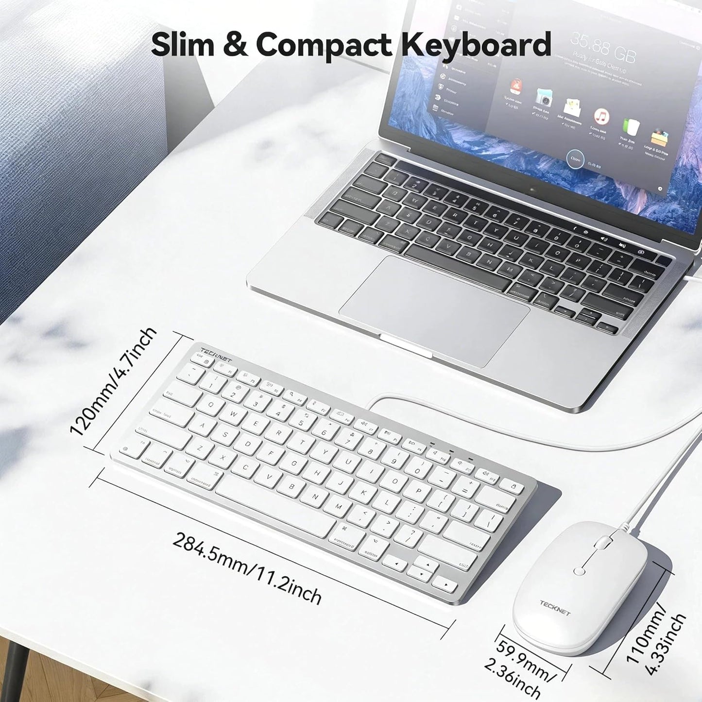 TECKNET Set USB Wired Keyboard and Mouse for Mac, Dual Interface(Type-C and USB A), Ergonomic Slim Keyboard Compatible