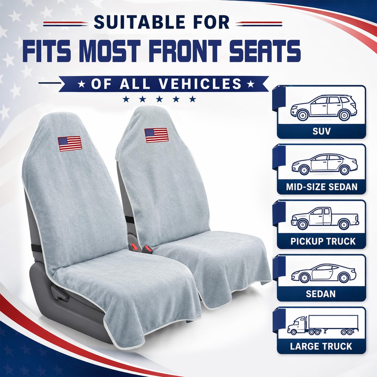 CORTHENA Car Seat Towel Cover (2-Pack), Sweat-Proof & Absorbent Microfiber Seat Protector for Gym, Workout & Beach, Universal Fit for Most Cars, SUVs & Trucks, 59"x29", Silver Gray Flag