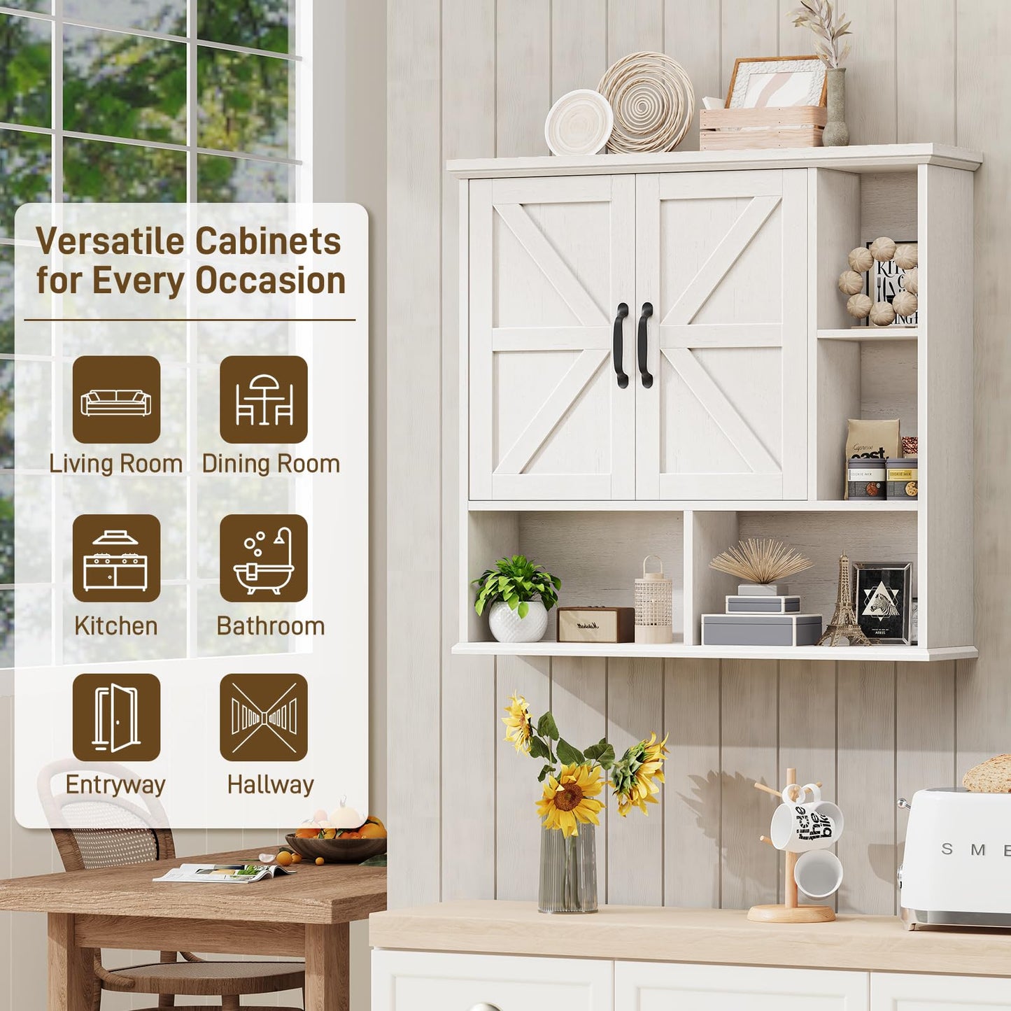 Vabches Bathroom Wall Cabinet, Farmhouse Medicine Cabinet with Double Barn Door and Adjustable Wood Shelf, Over The Toilet Storage Cabinet for Wall Mounted for Bathroom Laundry Room Kitchen (White)