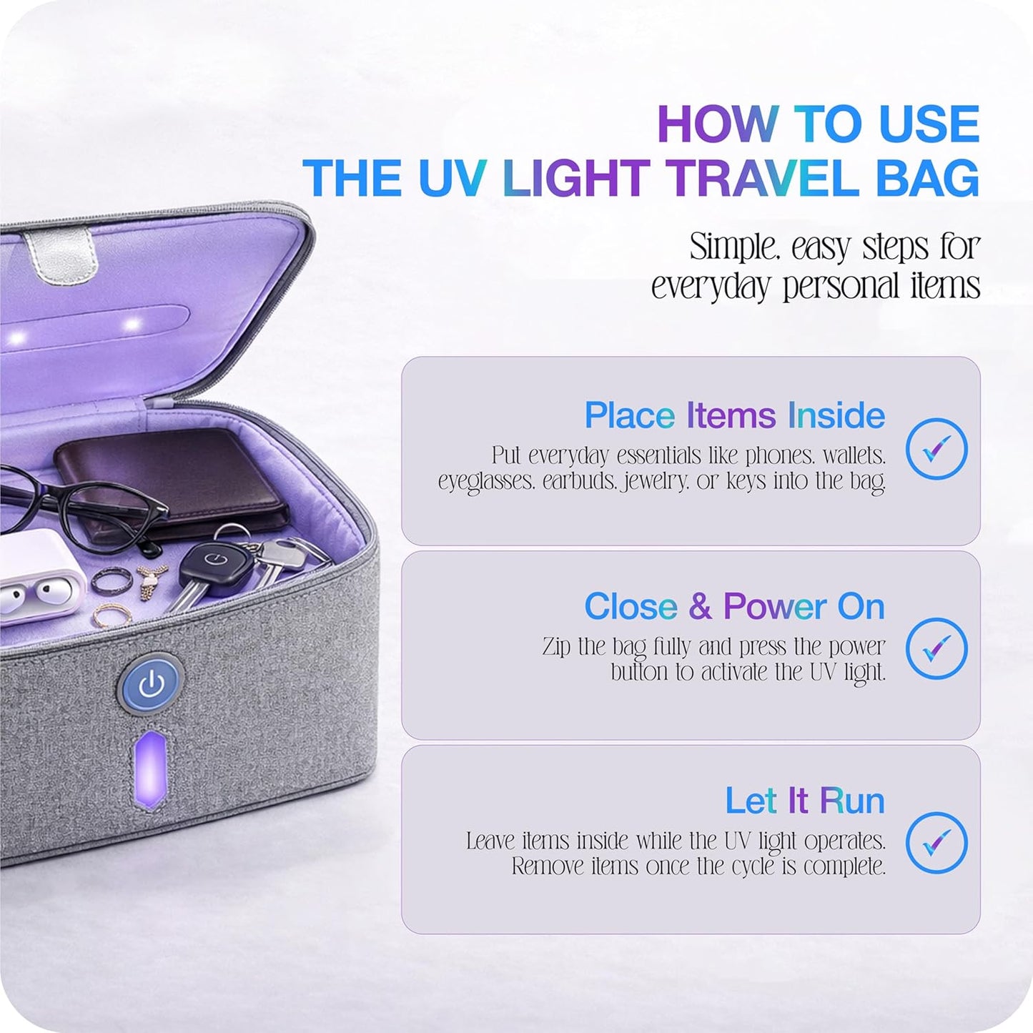 Brookstone UV Light Bag, Portable Sterilizing Bag for Everyday Items, Including Smart Phones, Masks and Small Gadgets