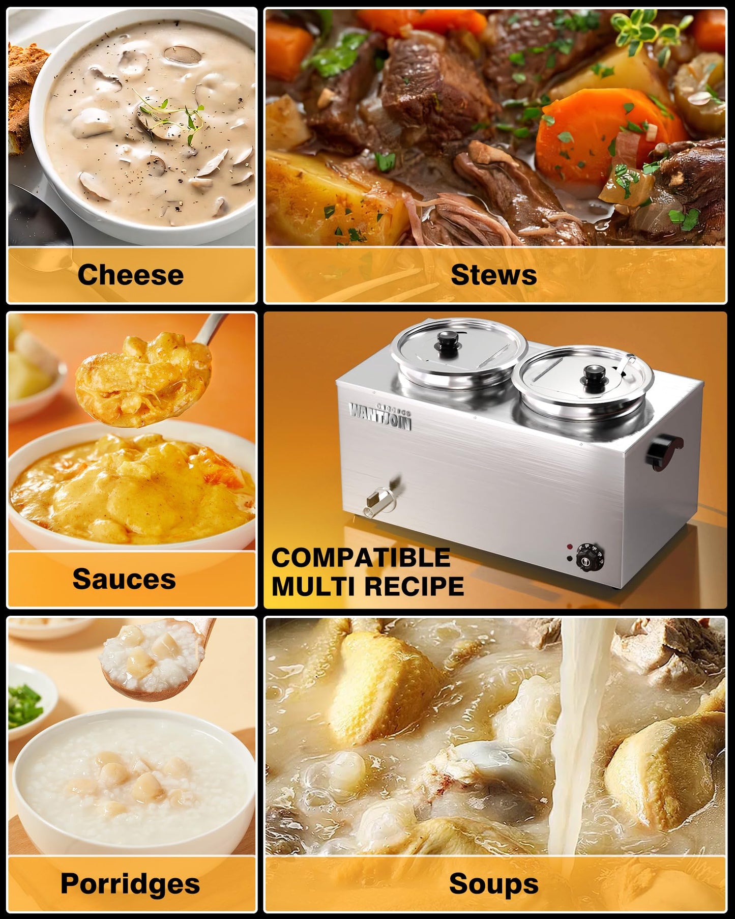 WantJoin Soup Warmer Commercial - 20 QT Stainless Steel Bain Marie Round Pot 86~185°F Adjustable Temp, 1500W Electric Steam Table Countertop,Anti-Dry Burn Reset Button for Restaurant, Buffet
