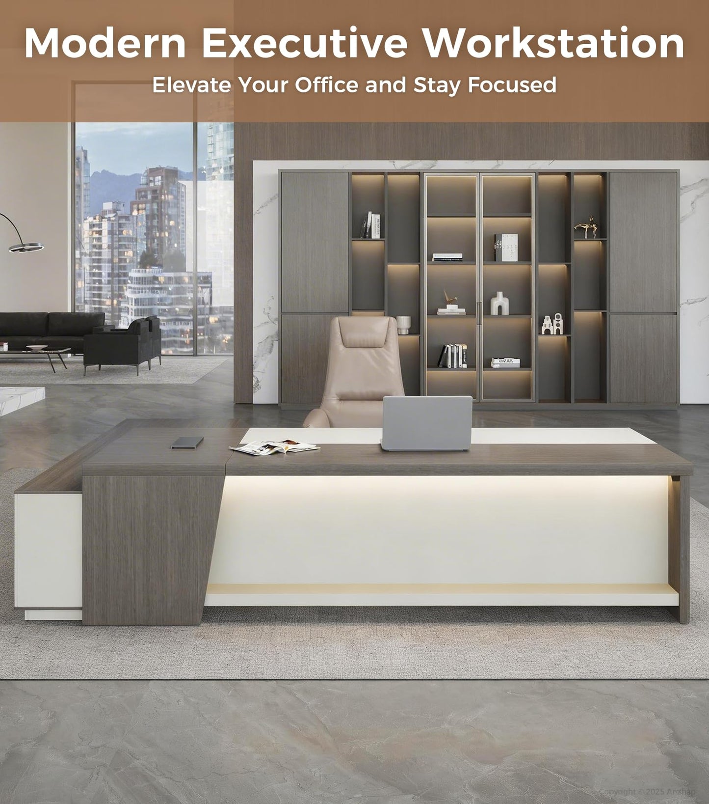 Anzhap 79" L-Shaped Executive Desk with Drawers, Large Modern Office Desk with Storage Shelves, LED Lighting, Built-in Outlet & USB Ports – Home Office Desk (Smoked Oak & Cream White, Right Return)