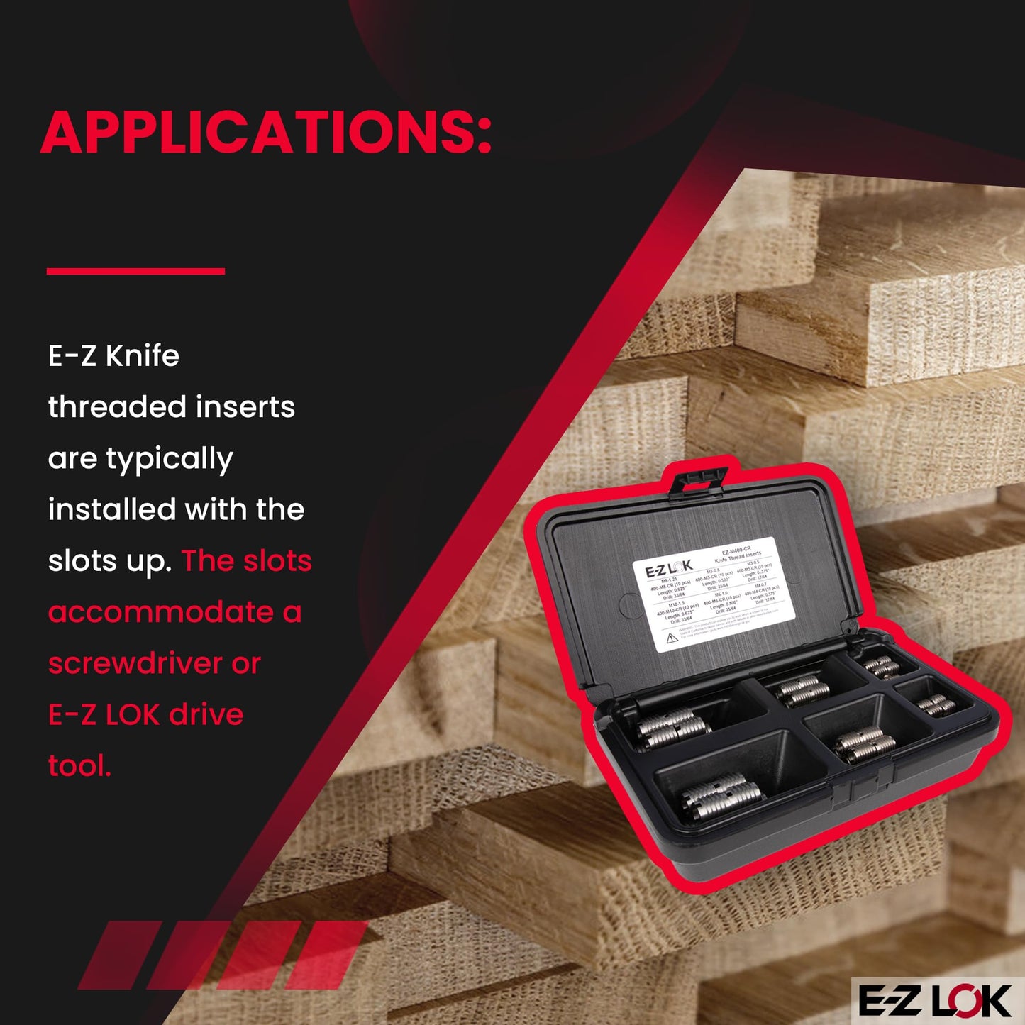E-Z LOK Knife Threaded Inserts for Hard Wood Assortment Kit with Drill and Drive Tool, Stainless Steel Thread Inserts M3-0.5 to M10-1.5, 60 Pieces